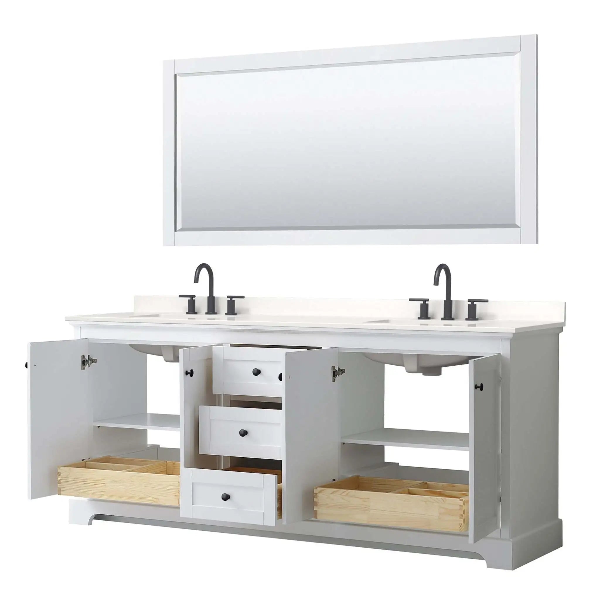 80" Avery Double Bathroom Vanity in White with Matte Black Trim & 70" Mirror by Wyndham
