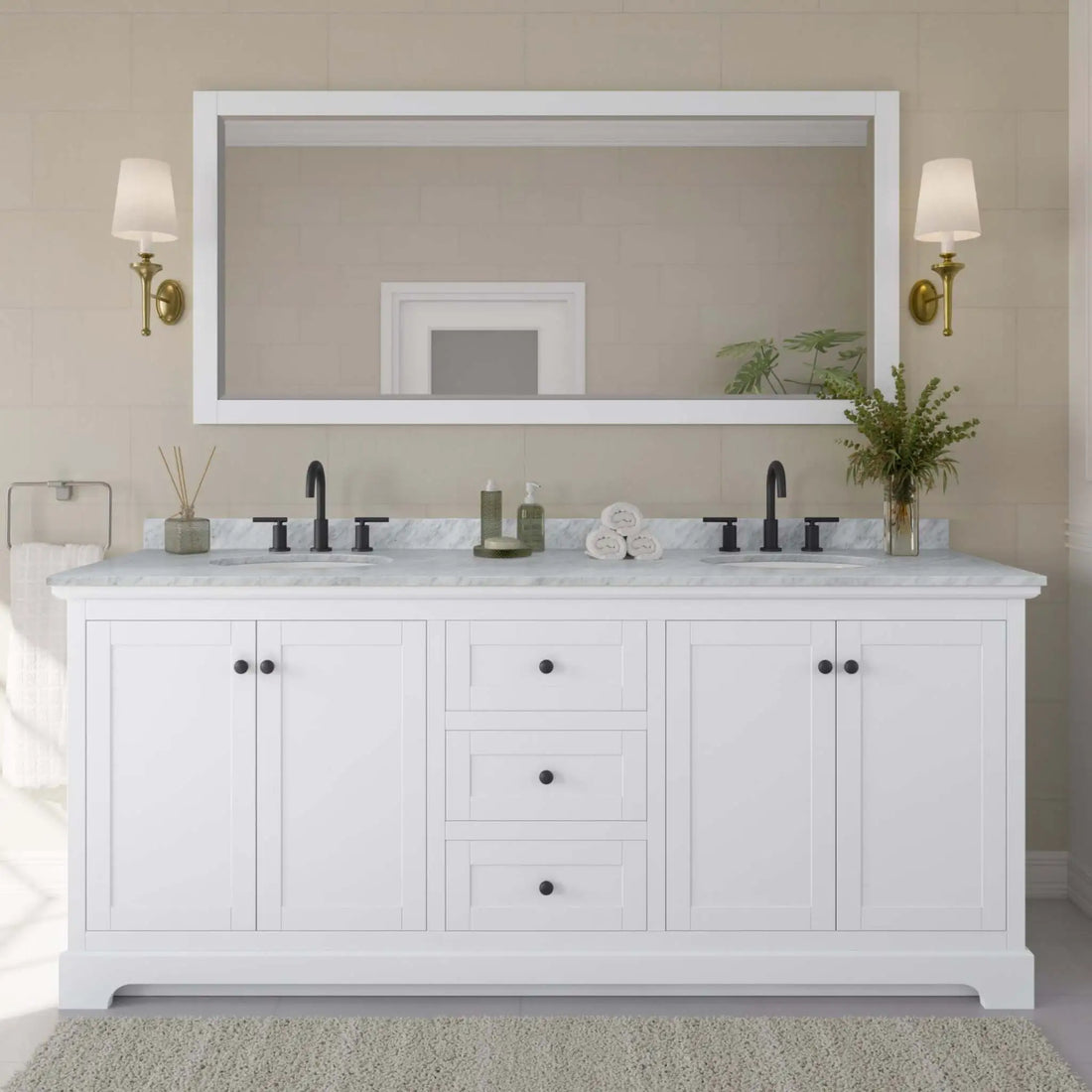 80" Avery Double Bathroom Vanity in White with Matte Black Trim by Wyndham