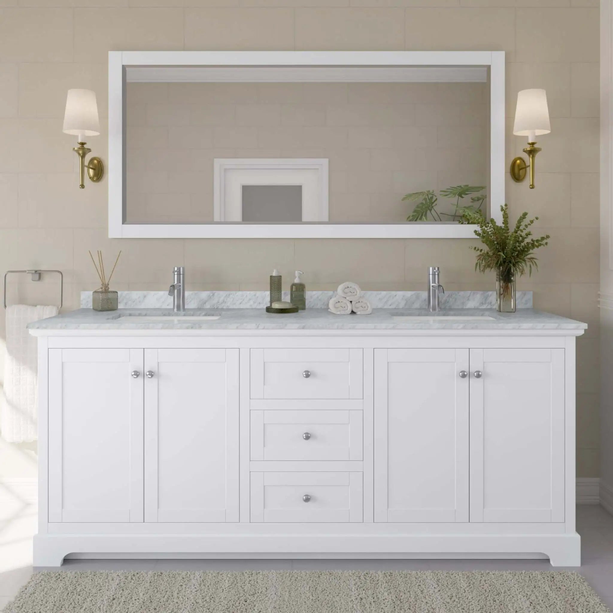 80" Avery Double Bathroom Vanity in White with Polished Chrome Trim & 70" Mirror by Wyndham