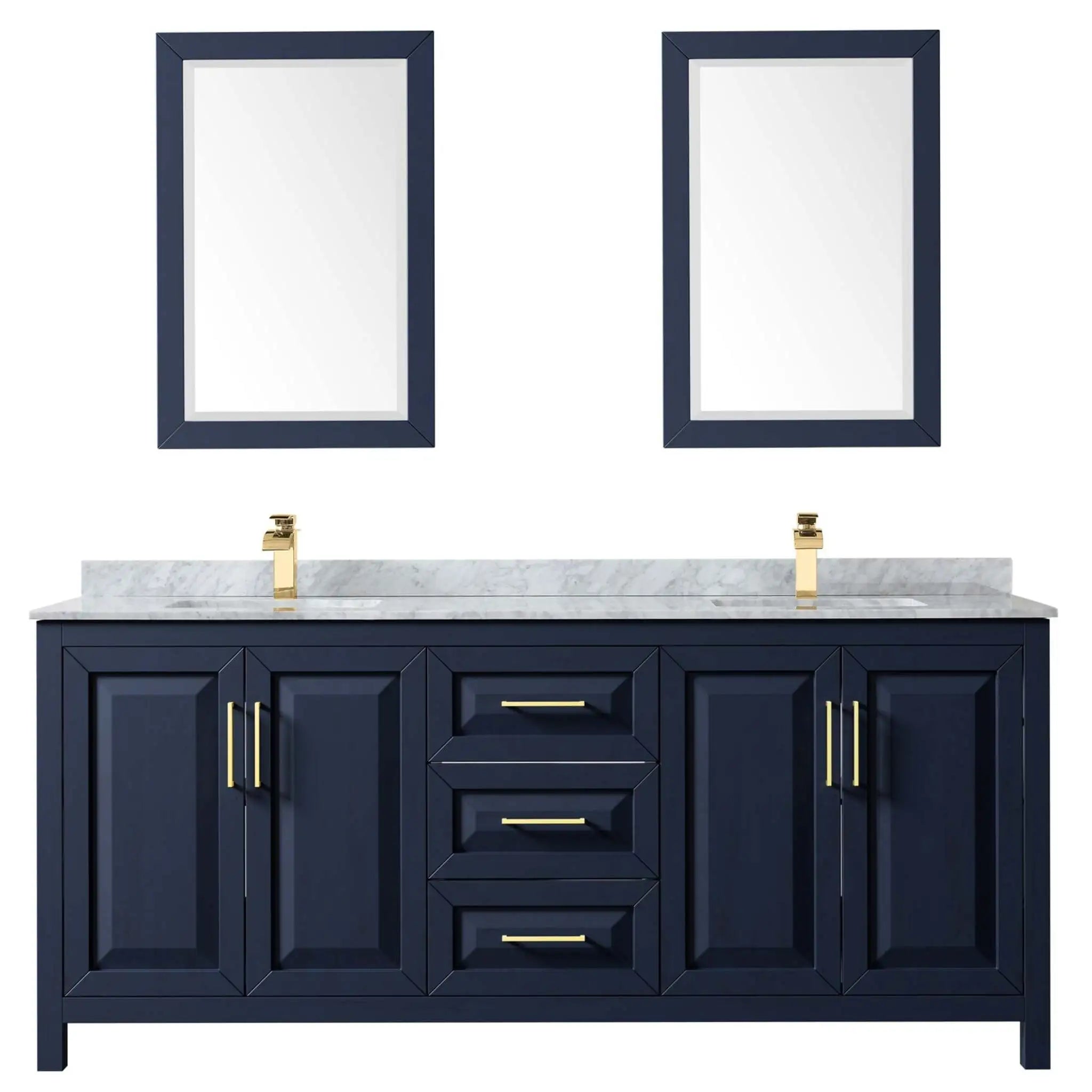 80" Daria Double Bathroom Vanity in Dark Blue with Brushed Gold Trim & 24" Mirror by Wyndham