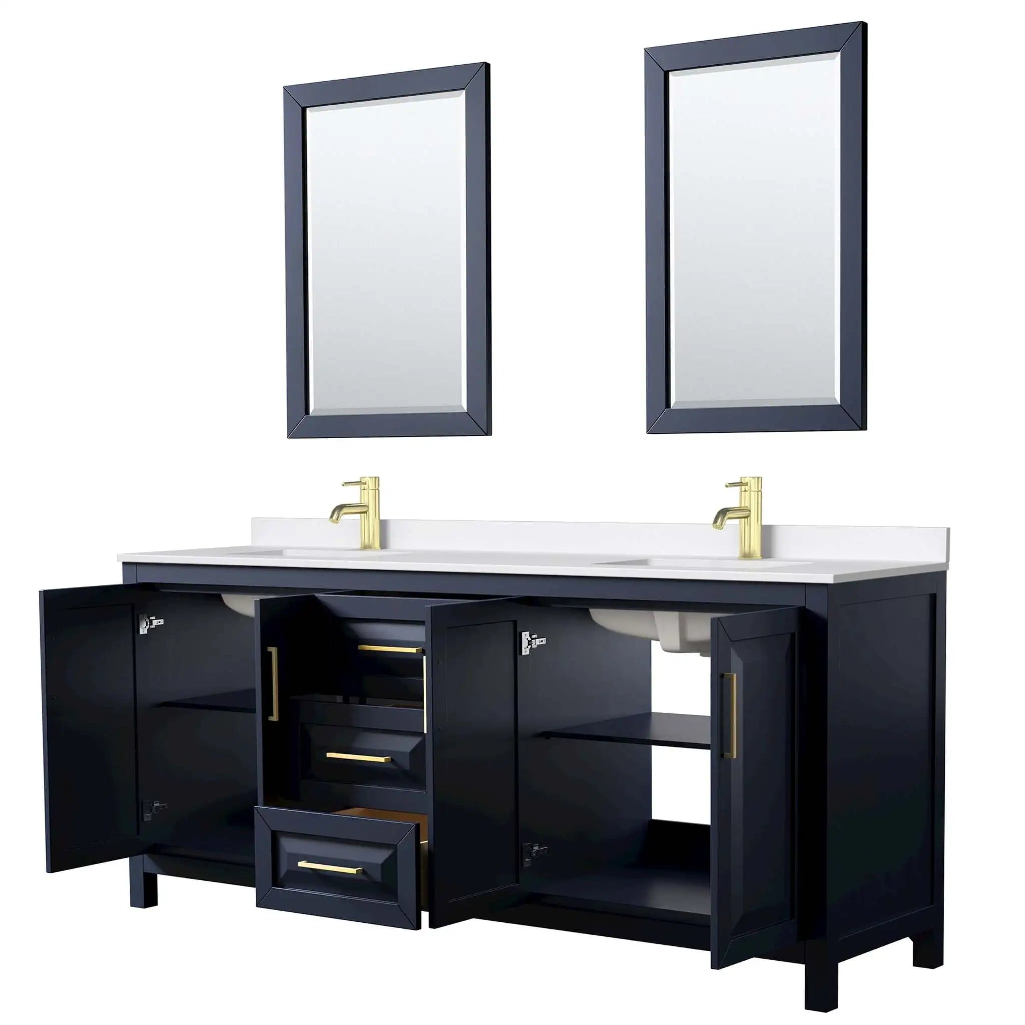 80" Daria Double Bathroom Vanity in Dark Blue with Brushed Gold Trim & 24" Mirror by Wyndham