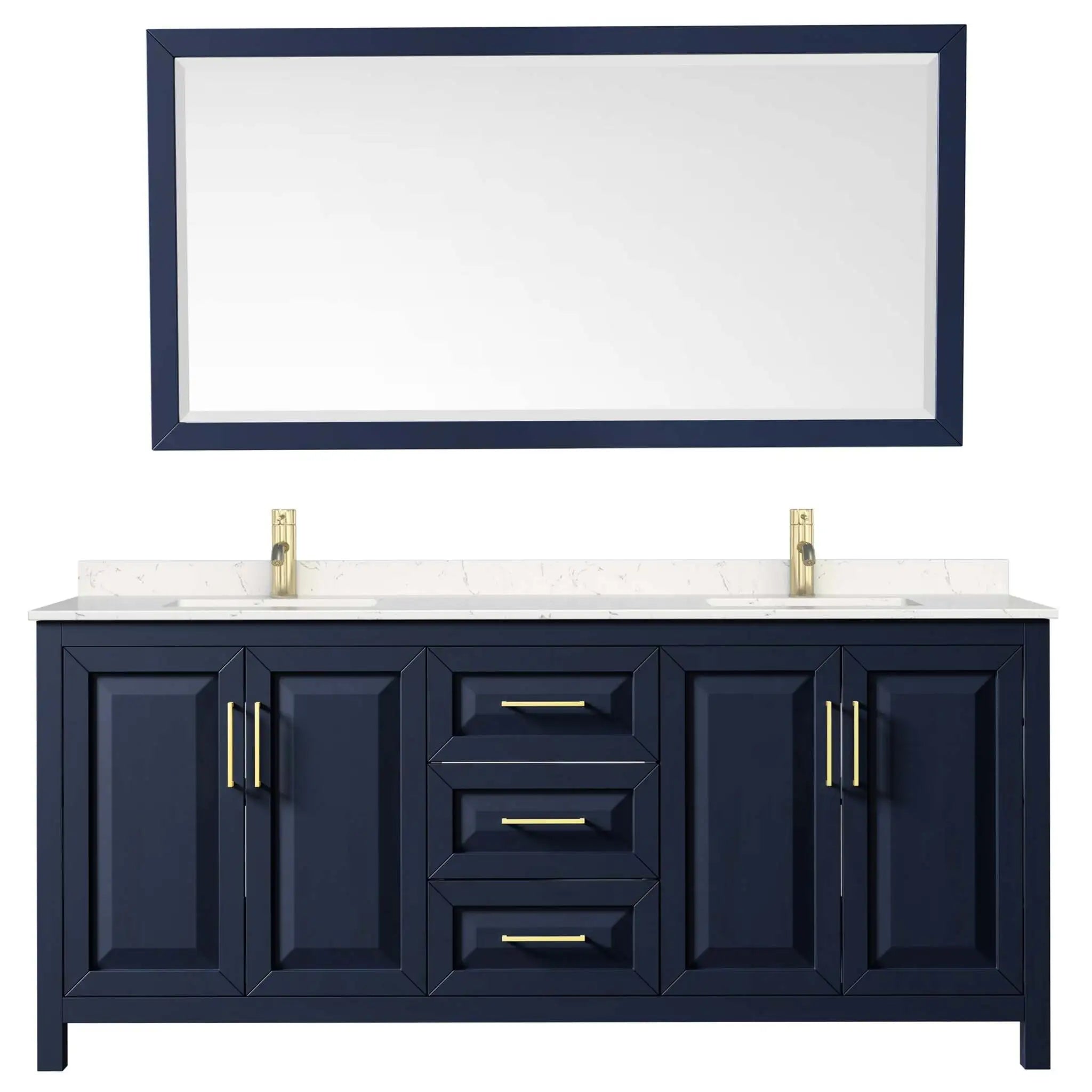 80" Daria Double Bathroom Vanity in Dark Blue with Brushed Gold Trim & 70" Mirror by Wyndham