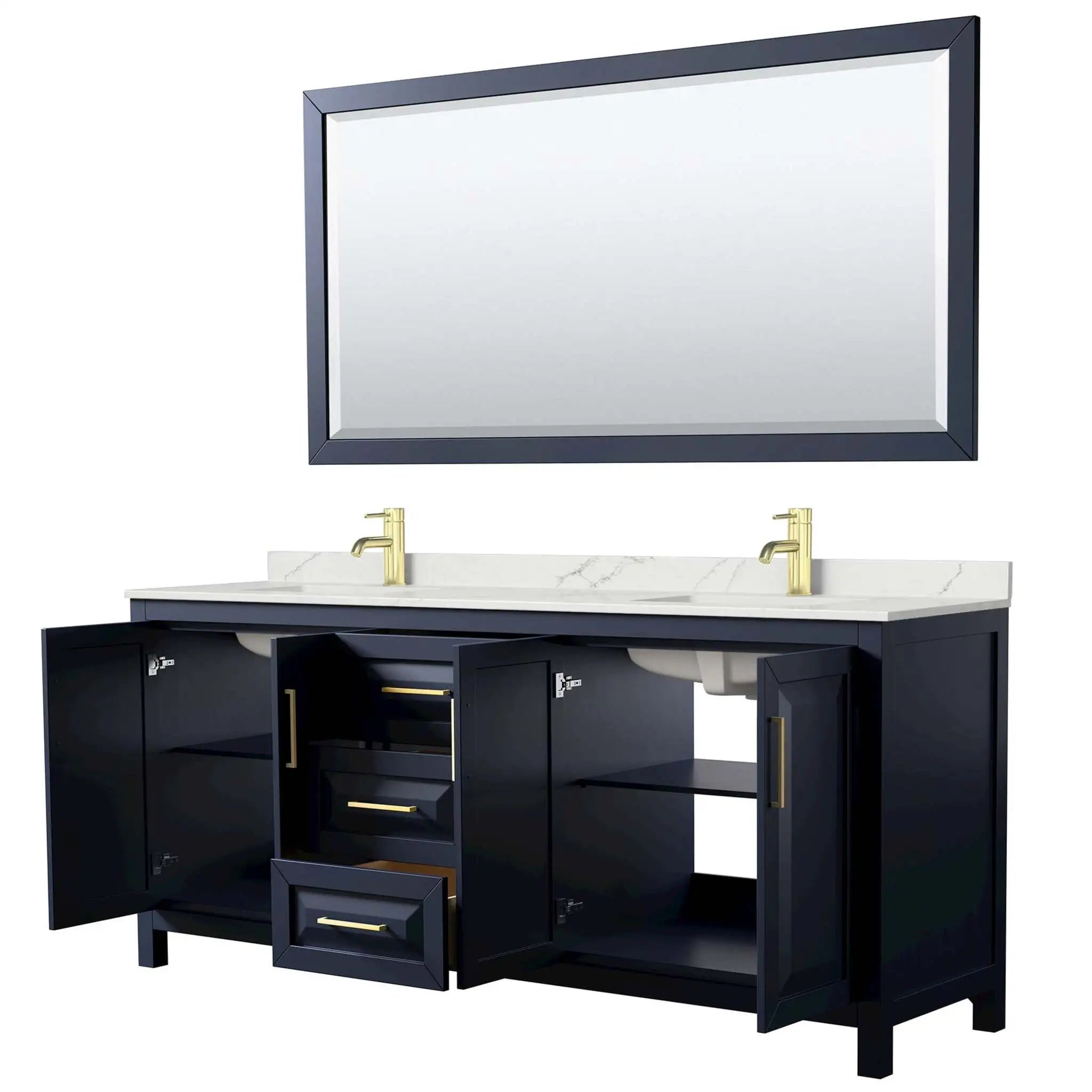 80" Daria Double Bathroom Vanity in Dark Blue with Brushed Gold Trim & 70" Mirror by Wyndham