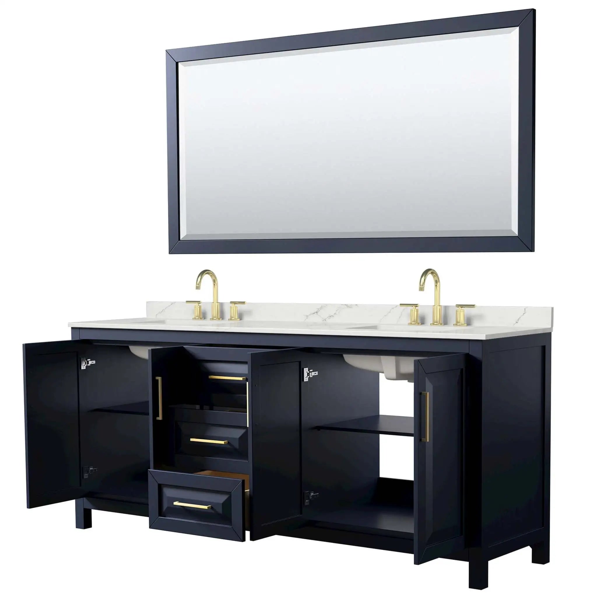 80" Daria Double Bathroom Vanity in Dark Blue with Brushed Gold Trim & 70" Mirror by Wyndham