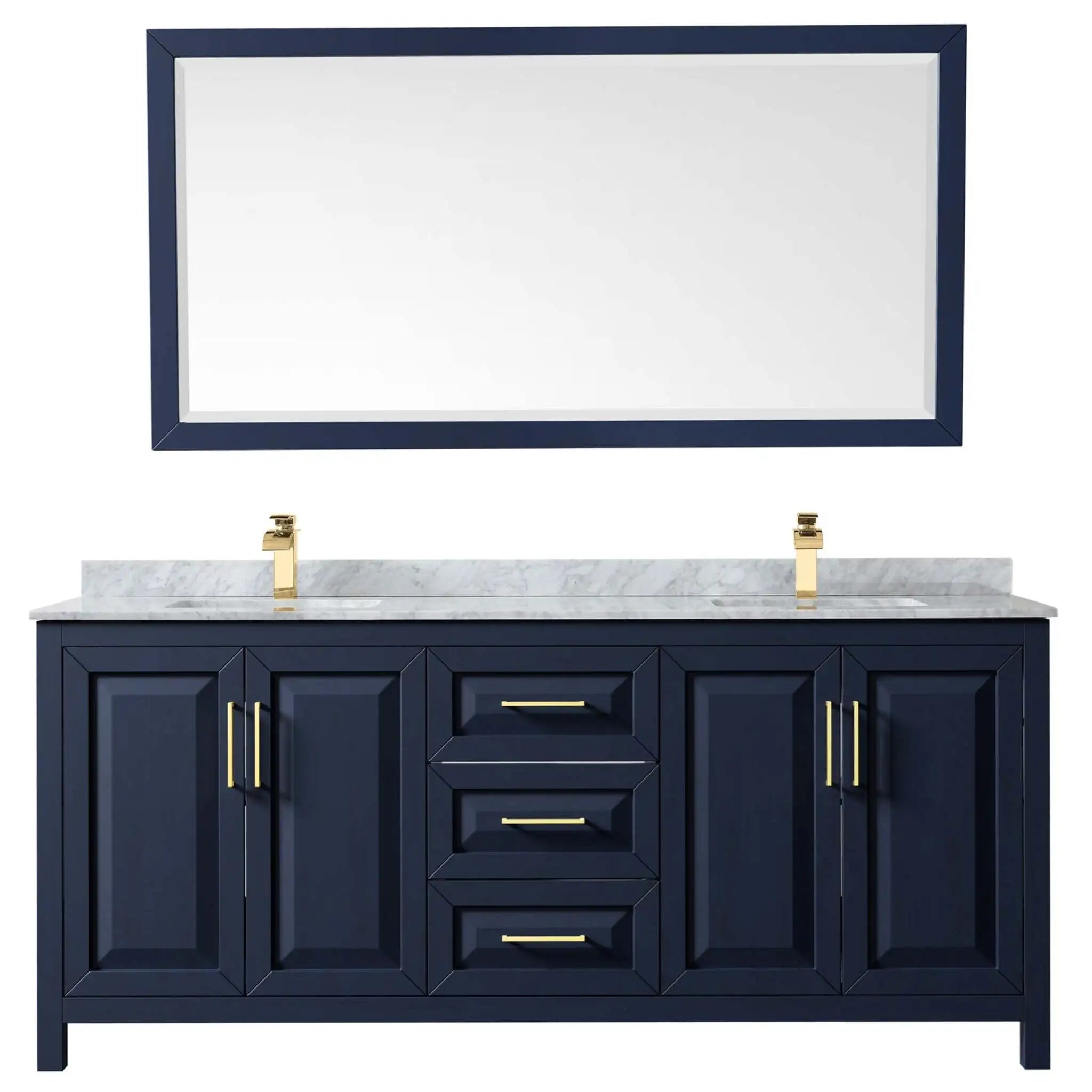 80" Daria Double Bathroom Vanity in Dark Blue with Brushed Gold Trim & 70" Mirror by Wyndham