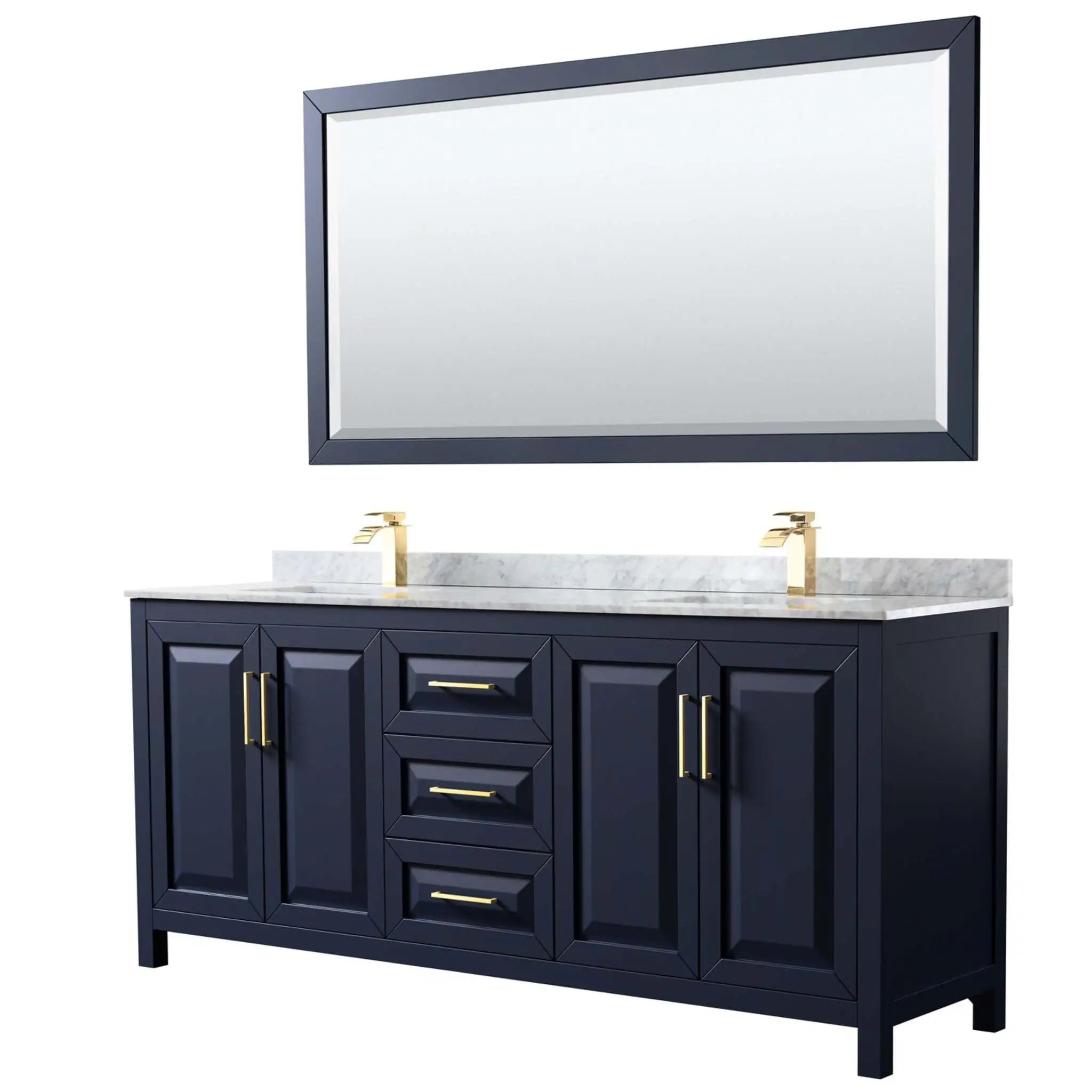 80" Daria Double Bathroom Vanity in Dark Blue with Brushed Gold Trim & 70" Mirror by Wyndham