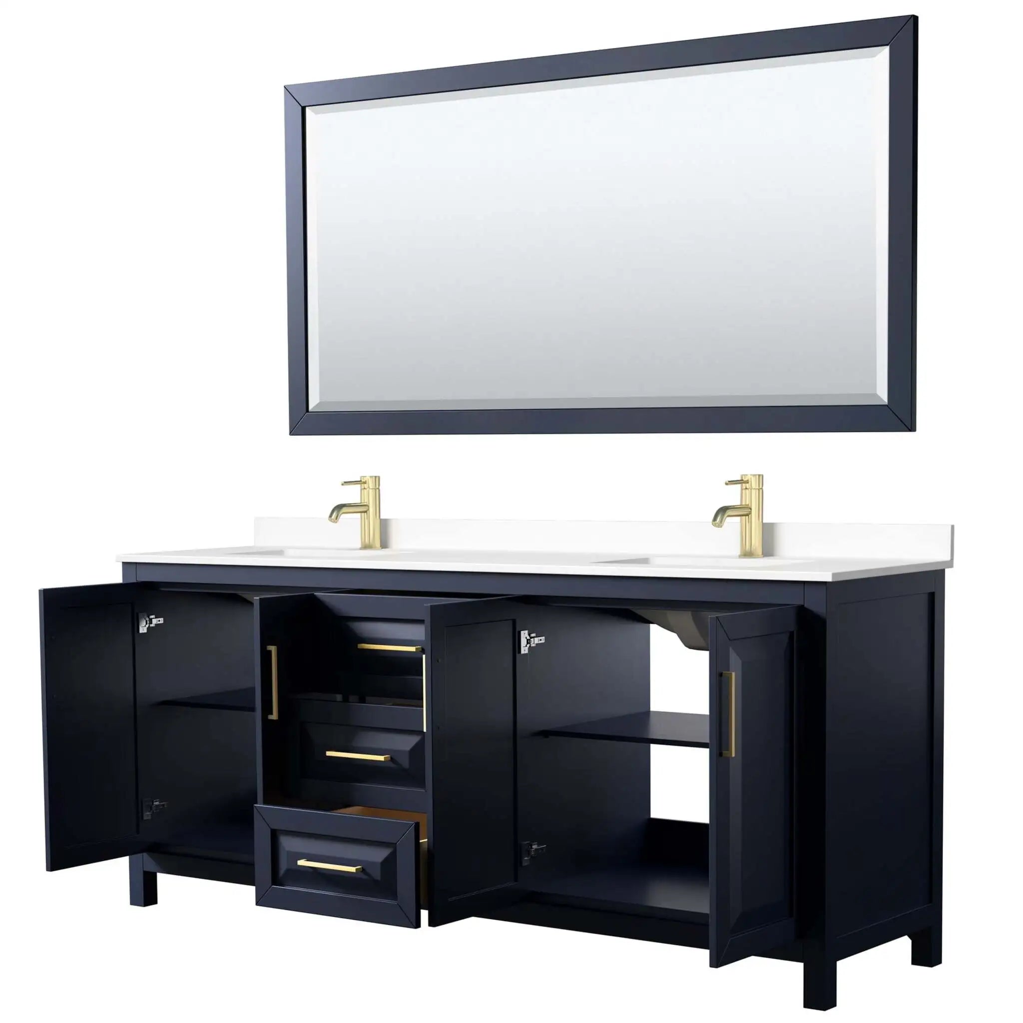 80" Daria Double Bathroom Vanity in Dark Blue with Brushed Gold Trim & 70" Mirror by Wyndham