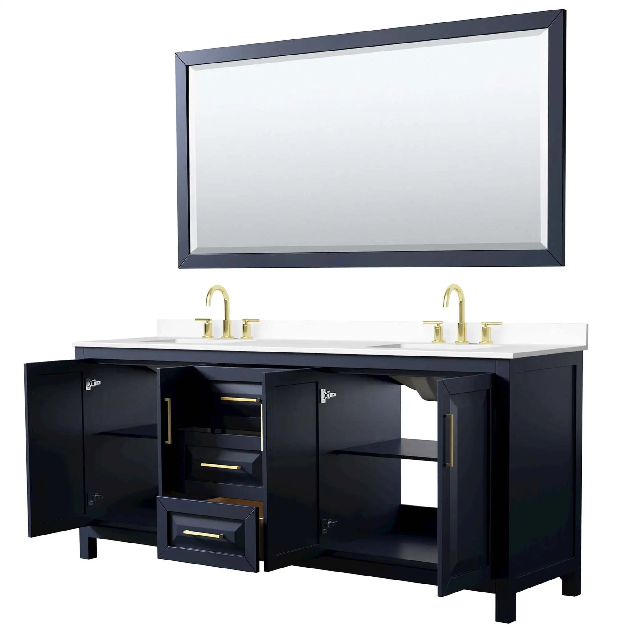 80" Daria Double Bathroom Vanity in Dark Blue with Brushed Gold Trim & 70" Mirror by Wyndham