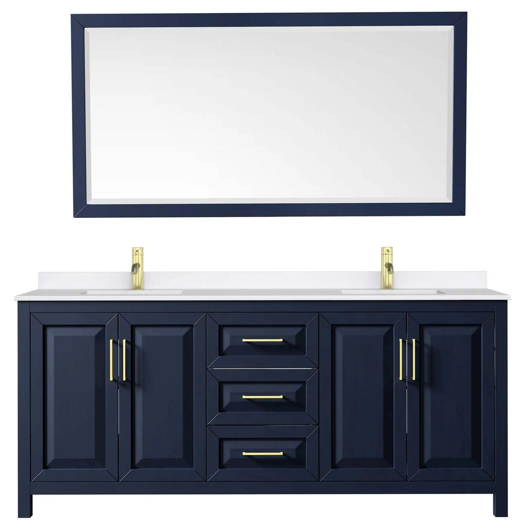80" Daria Double Bathroom Vanity in Dark Blue with Brushed Gold Trim & 70" Mirror by Wyndham