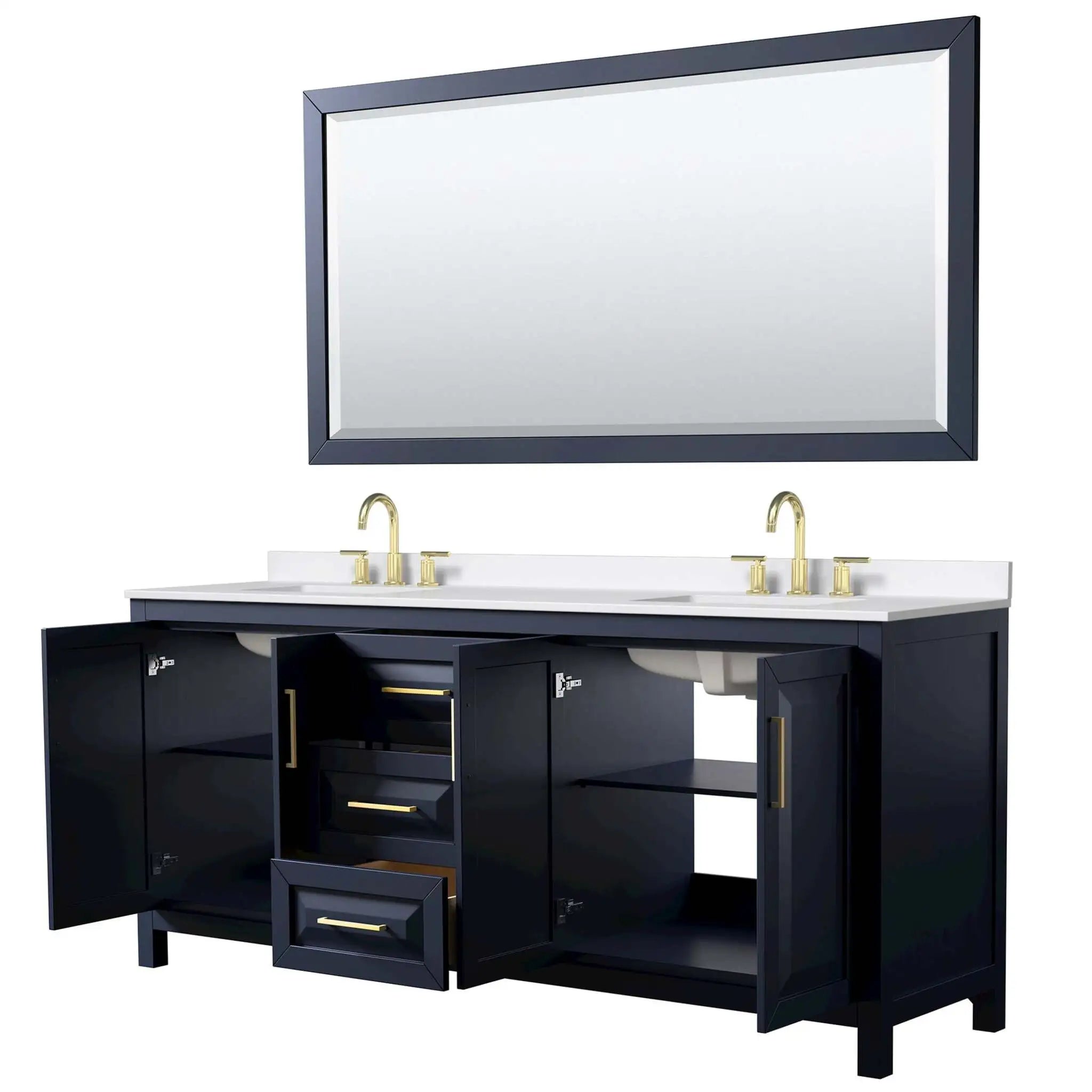 80" Daria Double Bathroom Vanity in Dark Blue with Brushed Gold Trim & 70" Mirror by Wyndham