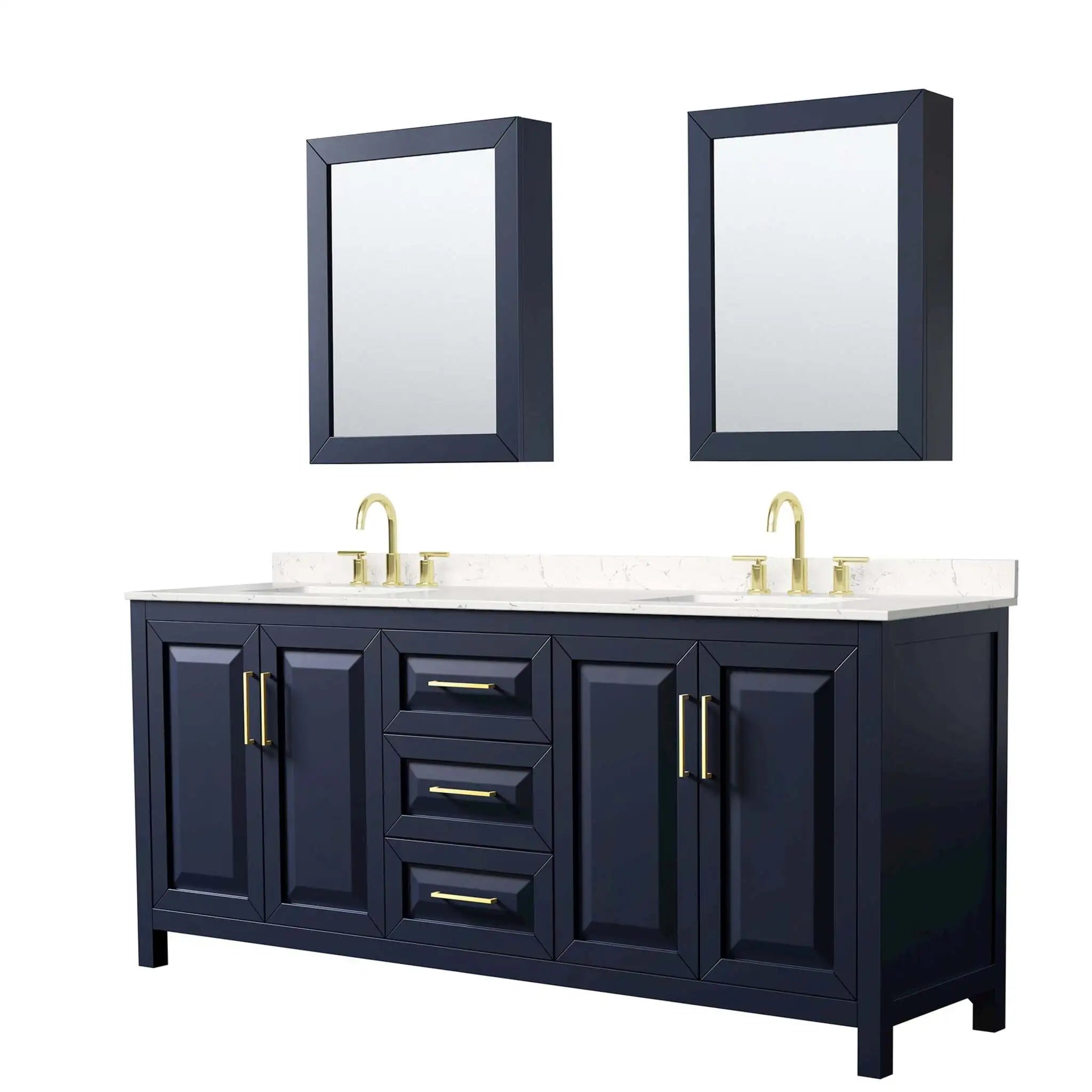 80" Daria Double Bathroom Vanity in Dark Blue with Brushed Gold Trim & Medicine Cabinet by Wyndham