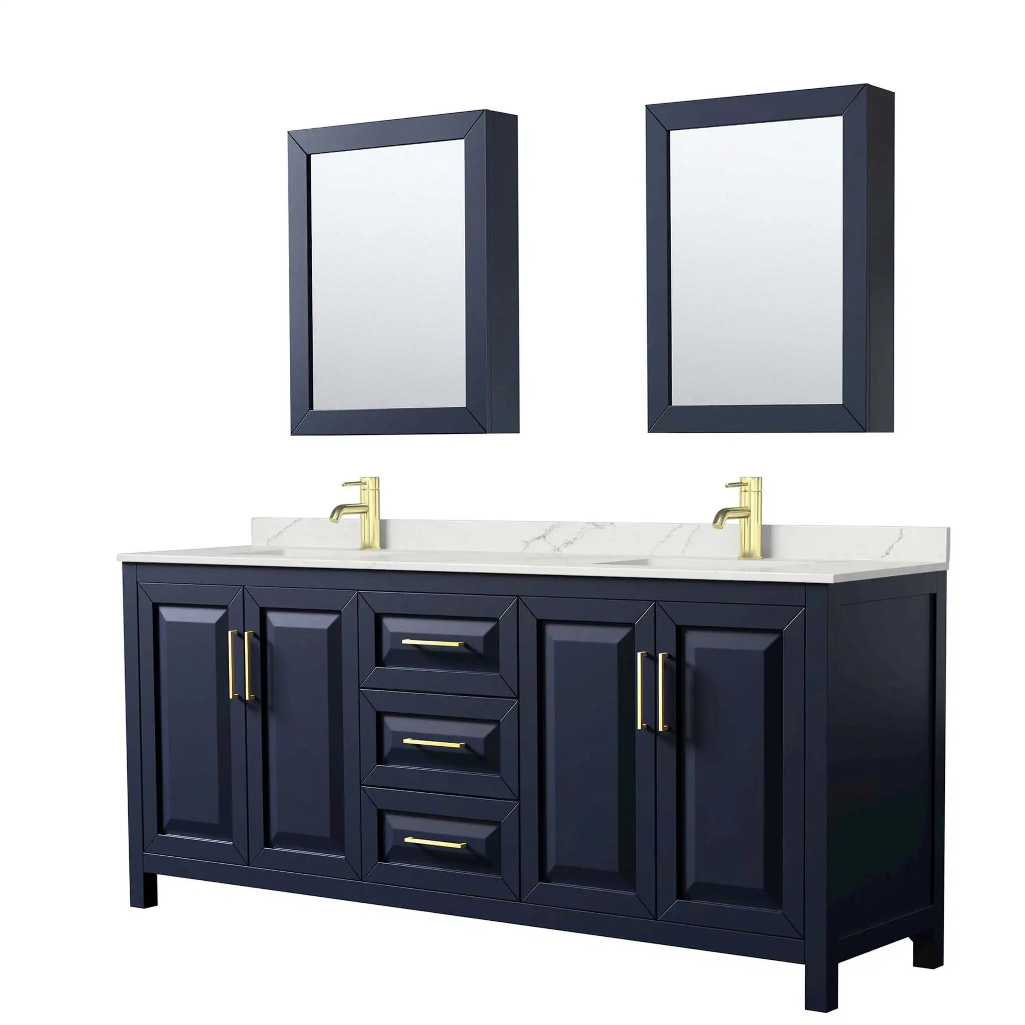 80" Daria Double Bathroom Vanity in Dark Blue with Brushed Gold Trim & Medicine Cabinet by Wyndham