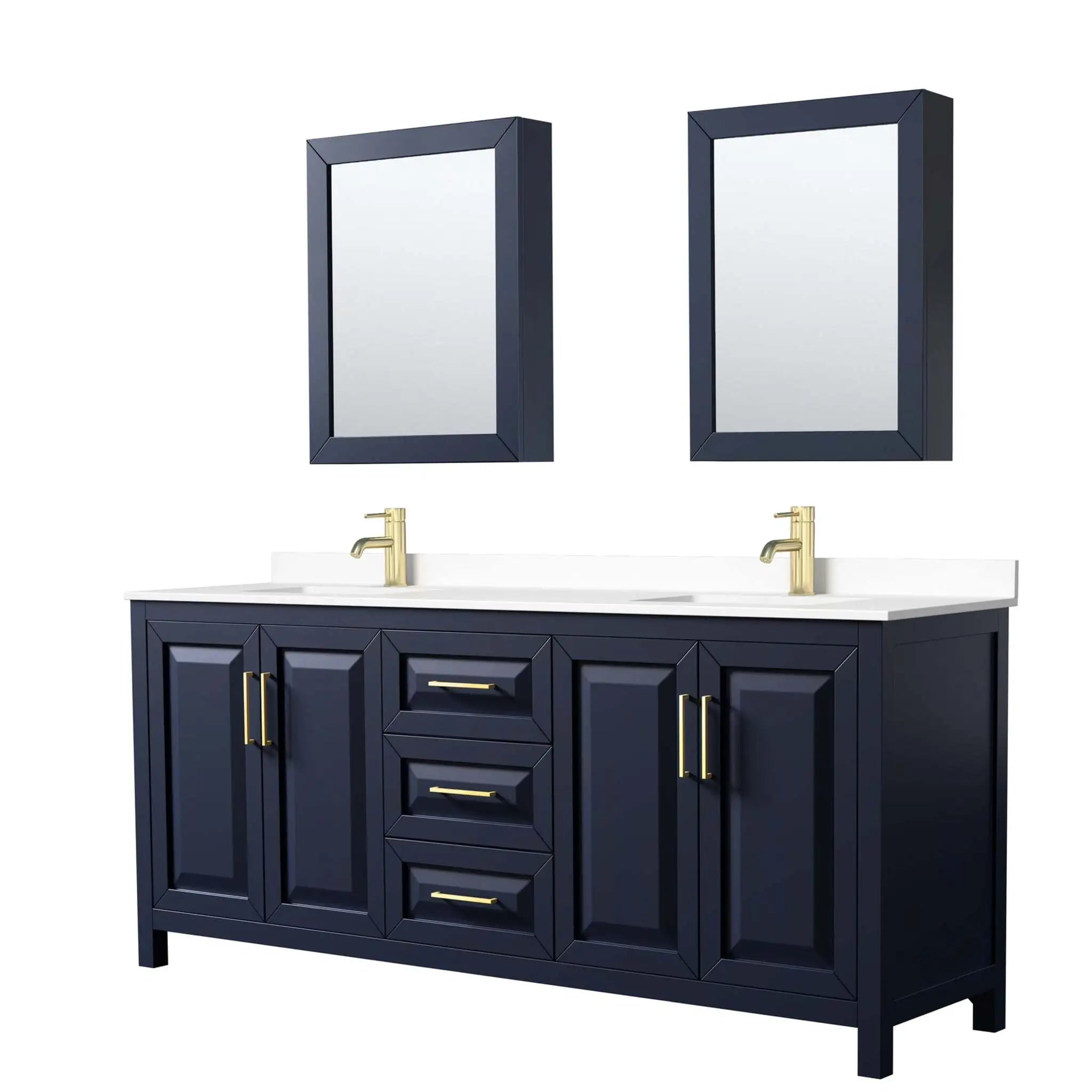 80" Daria Double Bathroom Vanity in Dark Blue with Brushed Gold Trim & Medicine Cabinet by Wyndham