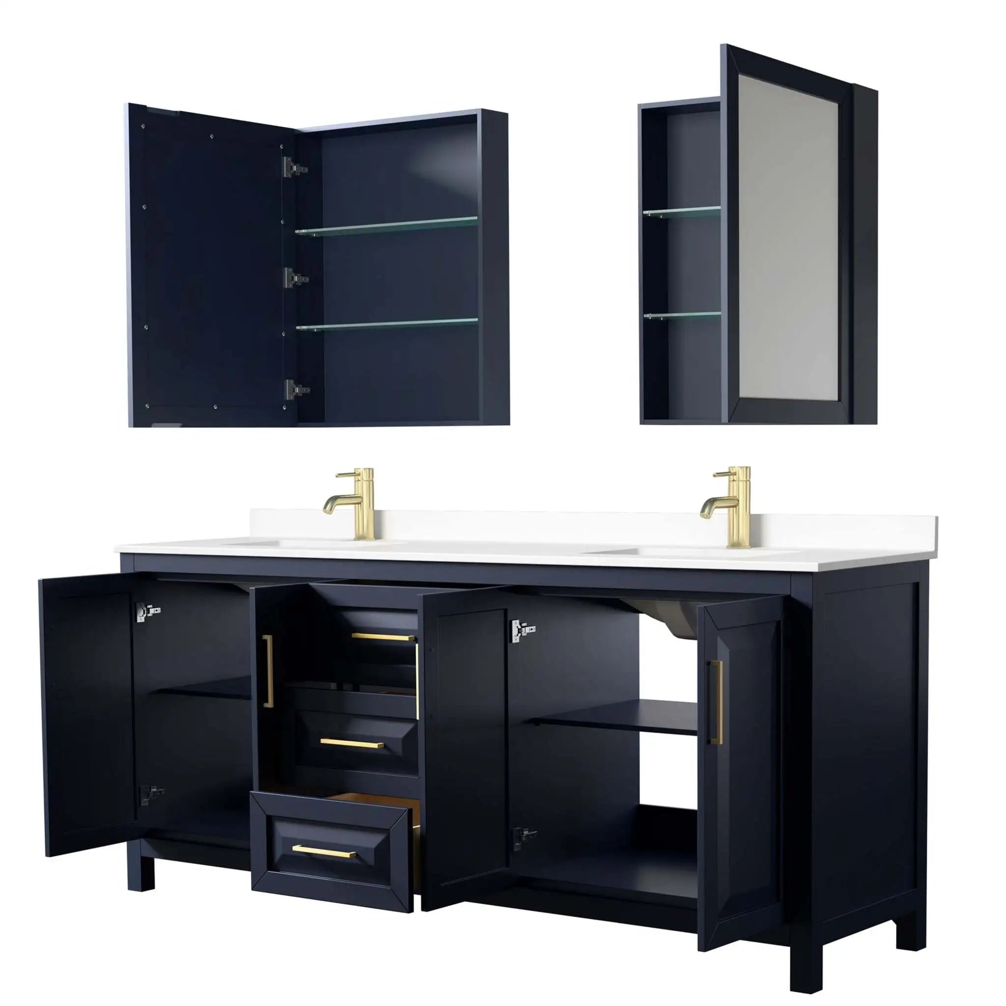 80" Daria Double Bathroom Vanity in Dark Blue with Brushed Gold Trim & Medicine Cabinet by Wyndham