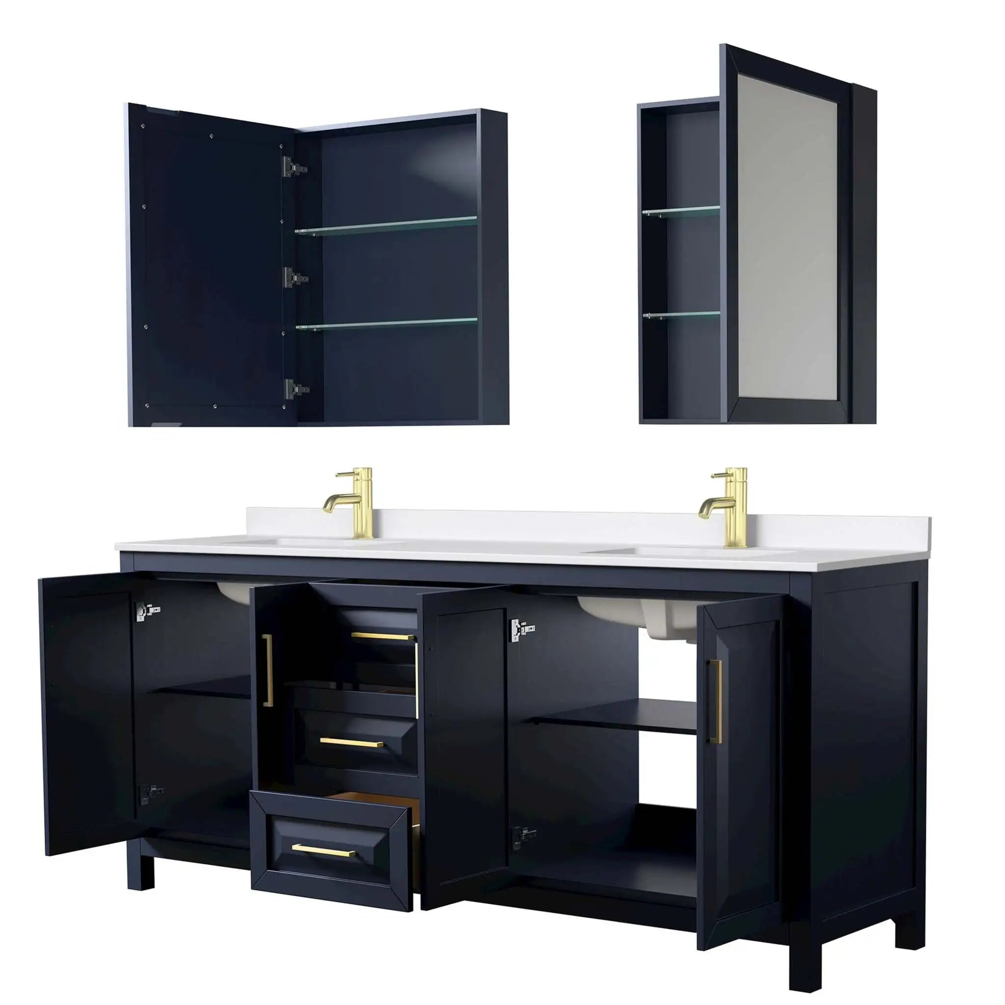 80" Daria Double Bathroom Vanity in Dark Blue with Brushed Gold Trim & Medicine Cabinet by Wyndham