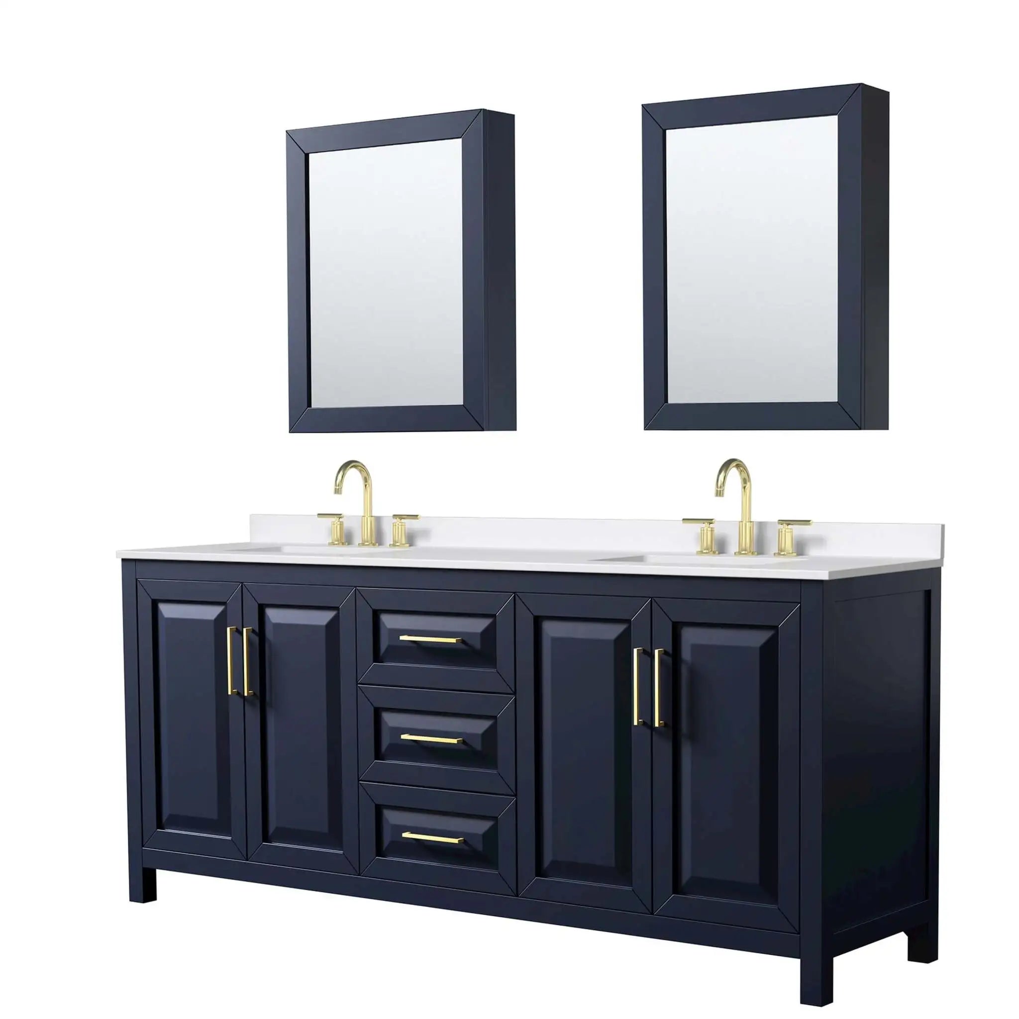 80" Daria Double Bathroom Vanity in Dark Blue with Brushed Gold Trim & Medicine Cabinet by Wyndham