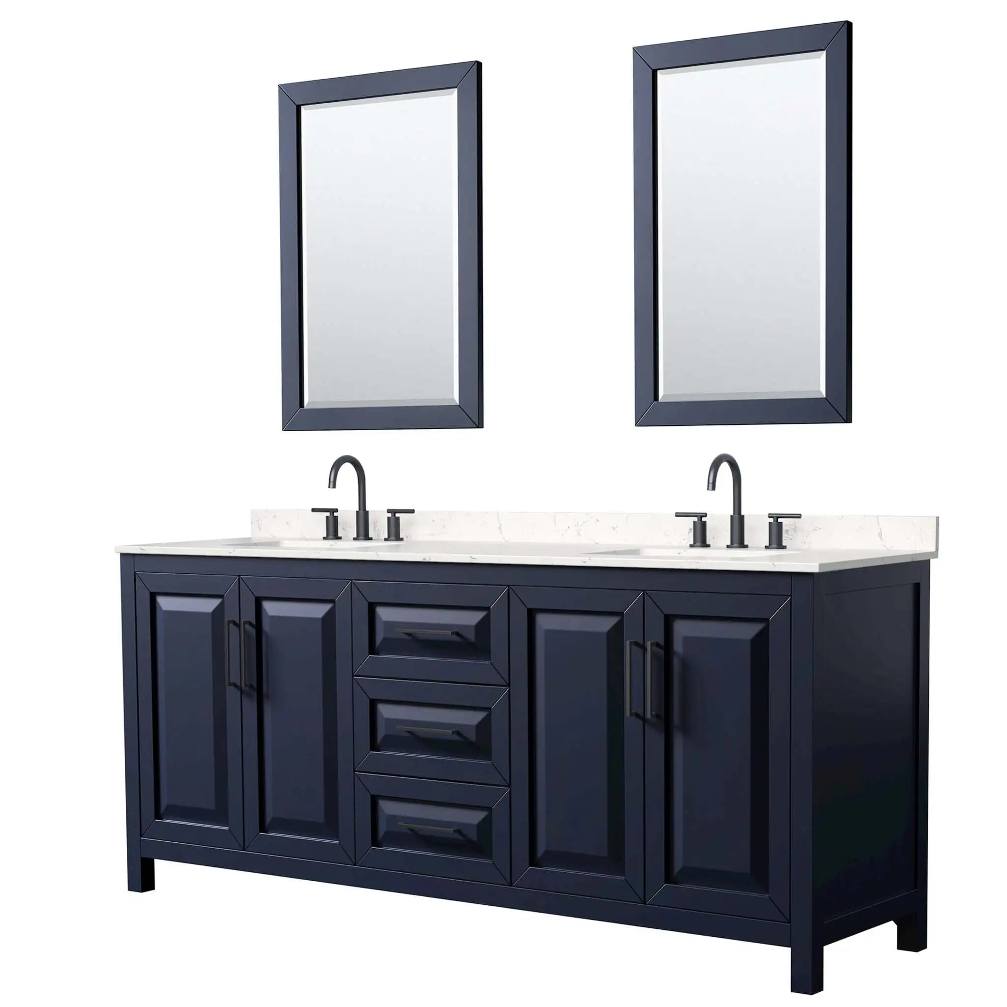 80" Daria Double Bathroom Vanity in Dark Blue with Matte Black Trim & 24" Mirror by Wyndham