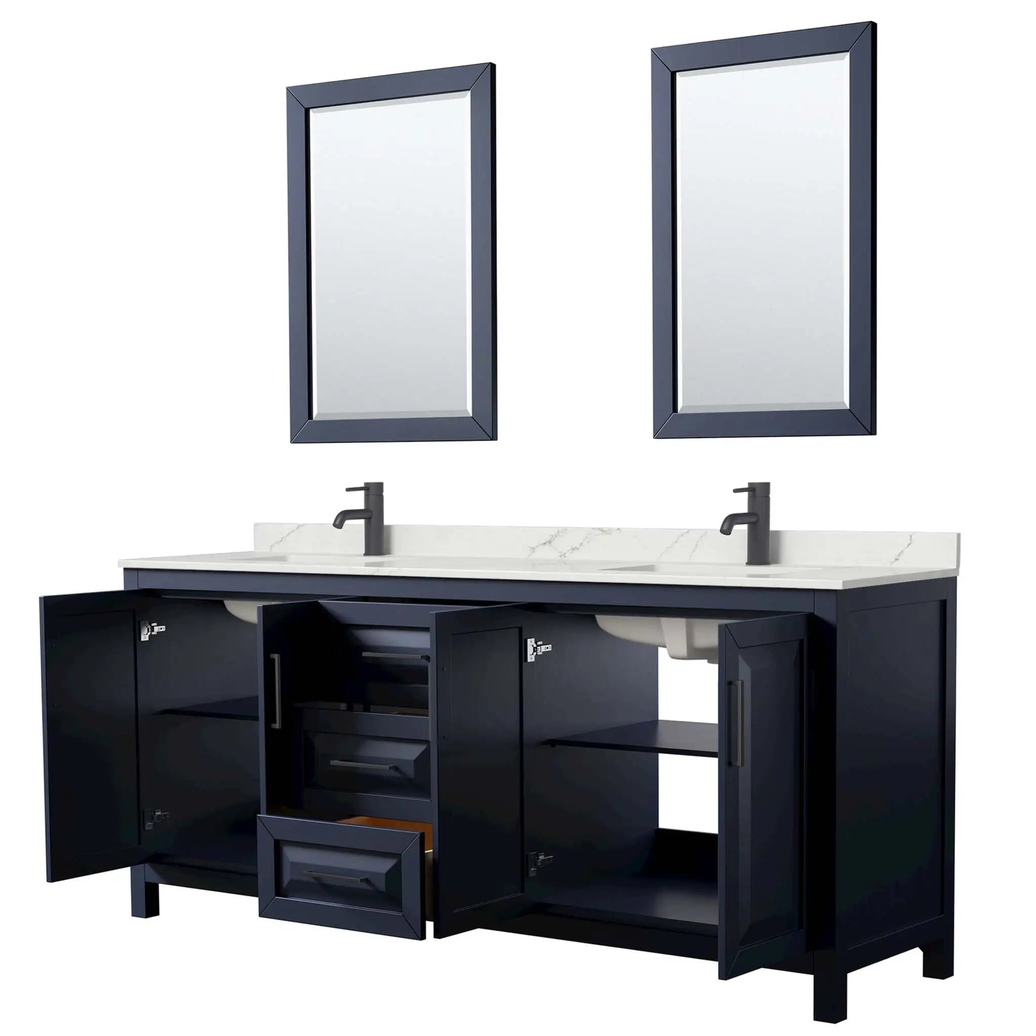 80" Daria Double Bathroom Vanity in Dark Blue with Matte Black Trim & 24" Mirror by Wyndham