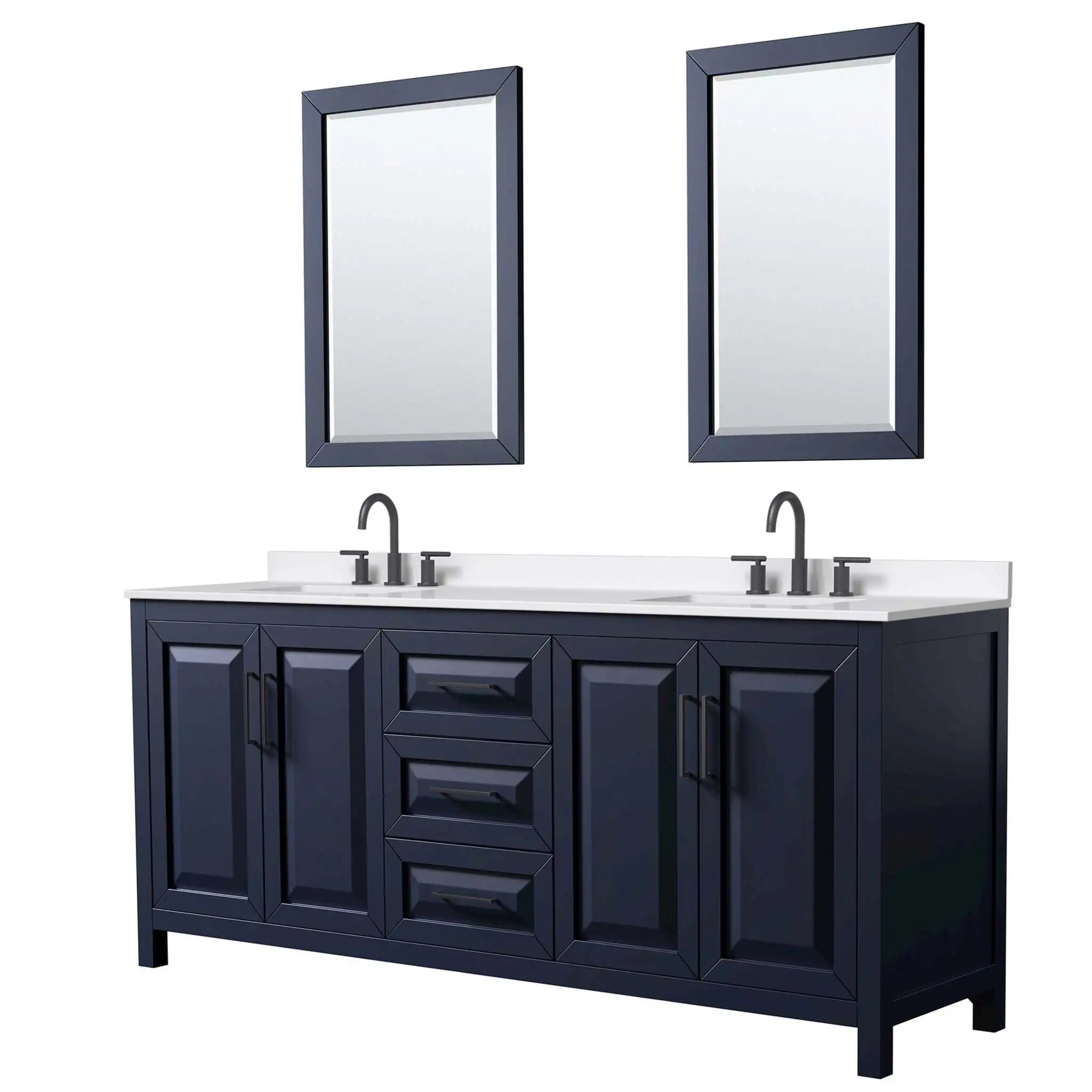 80" Daria Double Bathroom Vanity in Dark Blue with Matte Black Trim & 24" Mirror by Wyndham