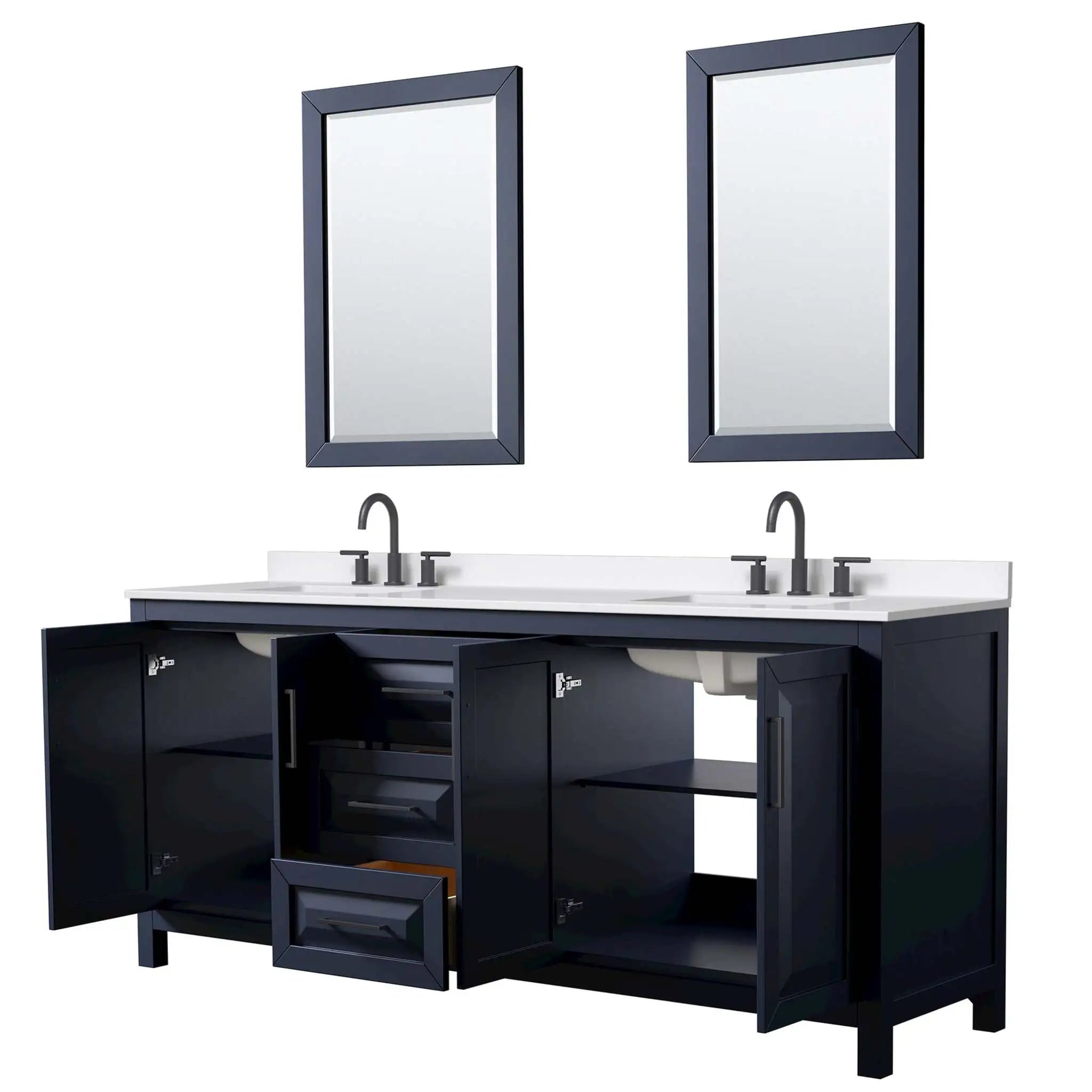 80" Daria Double Bathroom Vanity in Dark Blue with Matte Black Trim & 24" Mirror by Wyndham