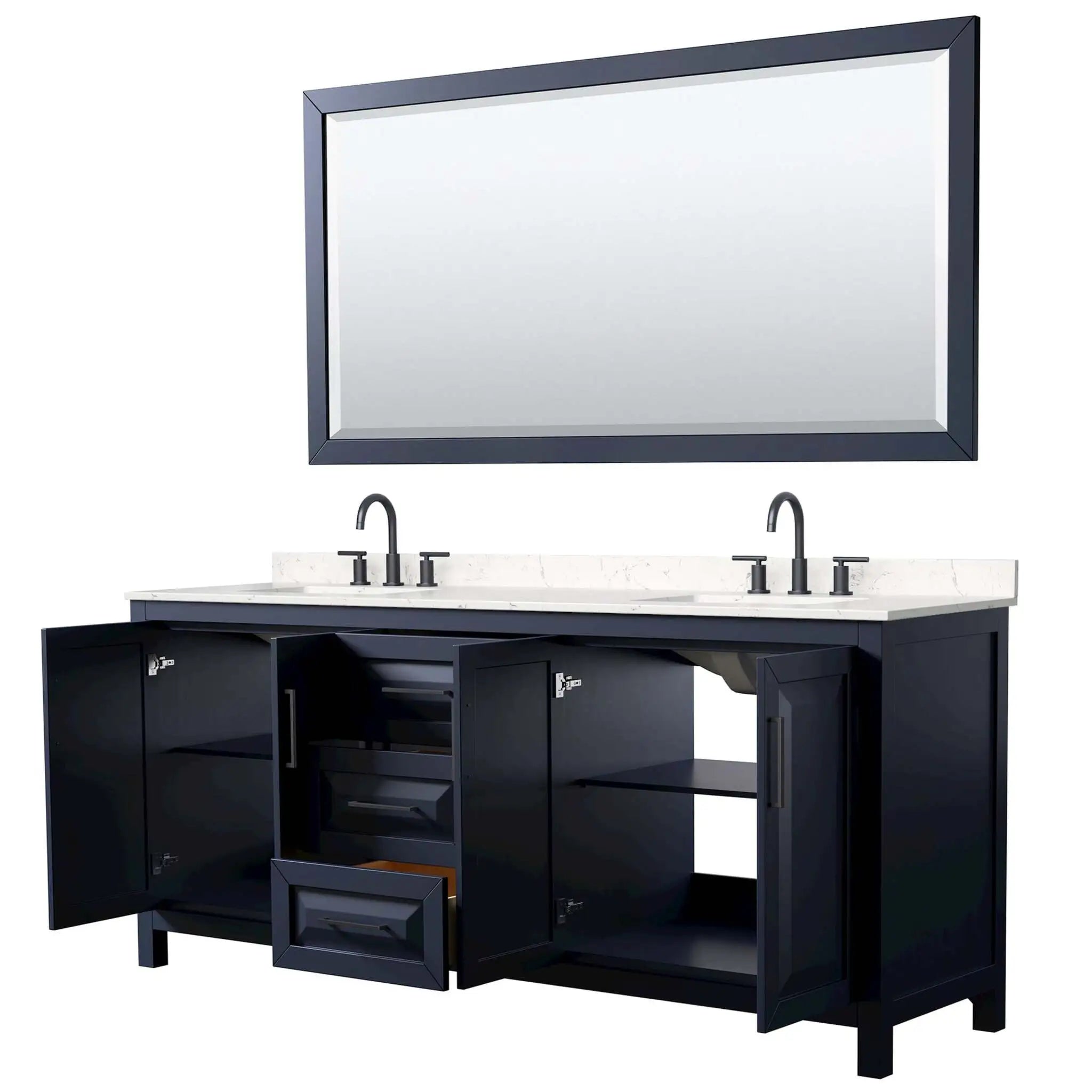 80" Daria Double Bathroom Vanity in Dark Blue with Matte Black Trim & 70" Mirror by Wyndham