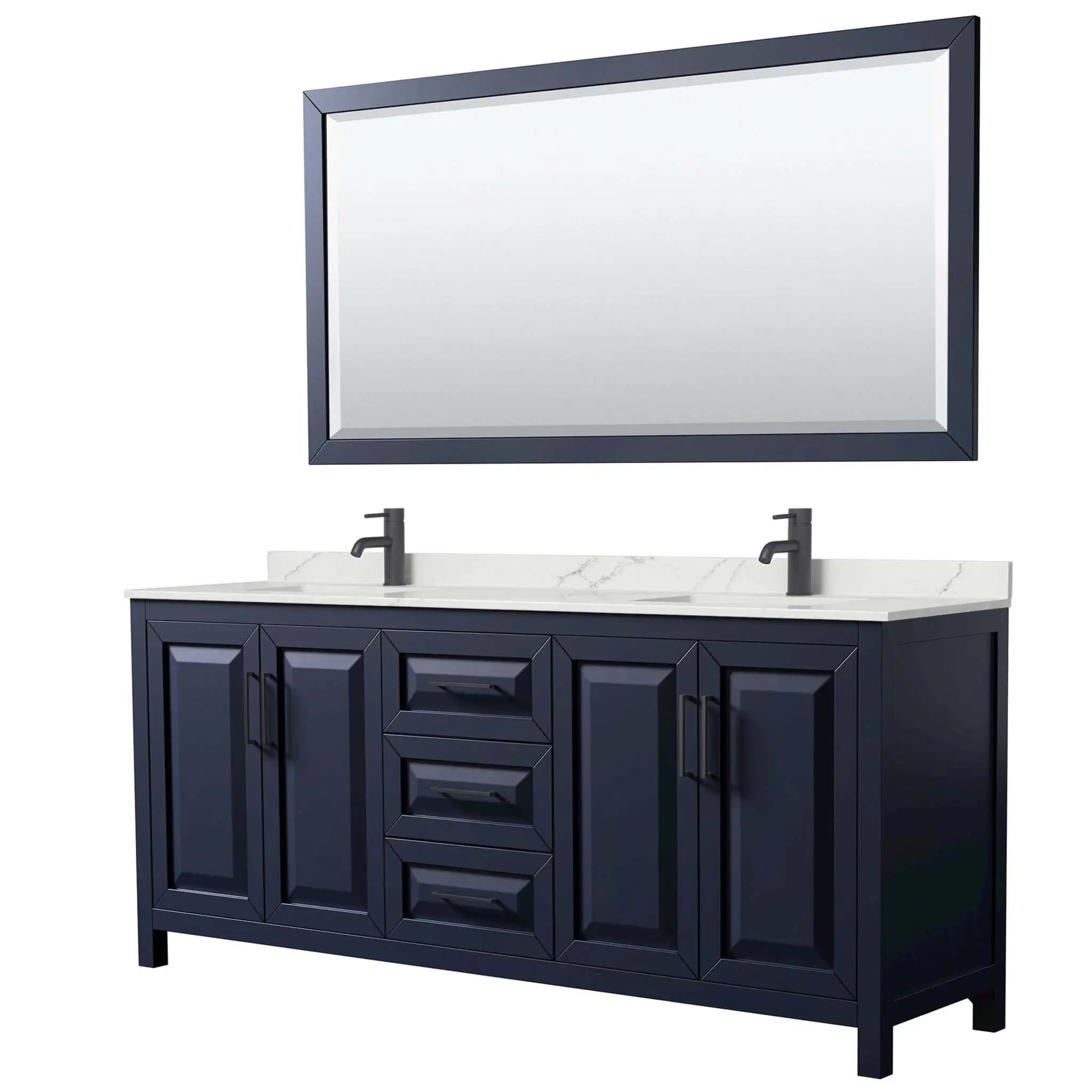 80" Daria Double Bathroom Vanity in Dark Blue with Matte Black Trim & 70" Mirror by Wyndham