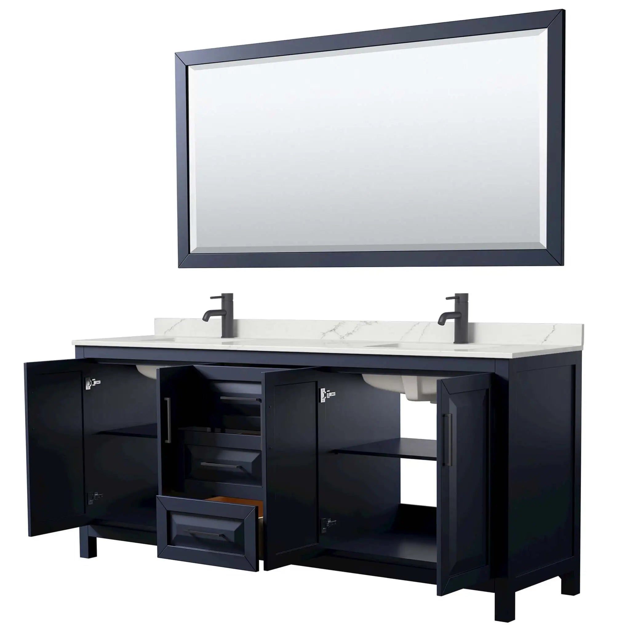 80" Daria Double Bathroom Vanity in Dark Blue with Matte Black Trim & 70" Mirror by Wyndham
