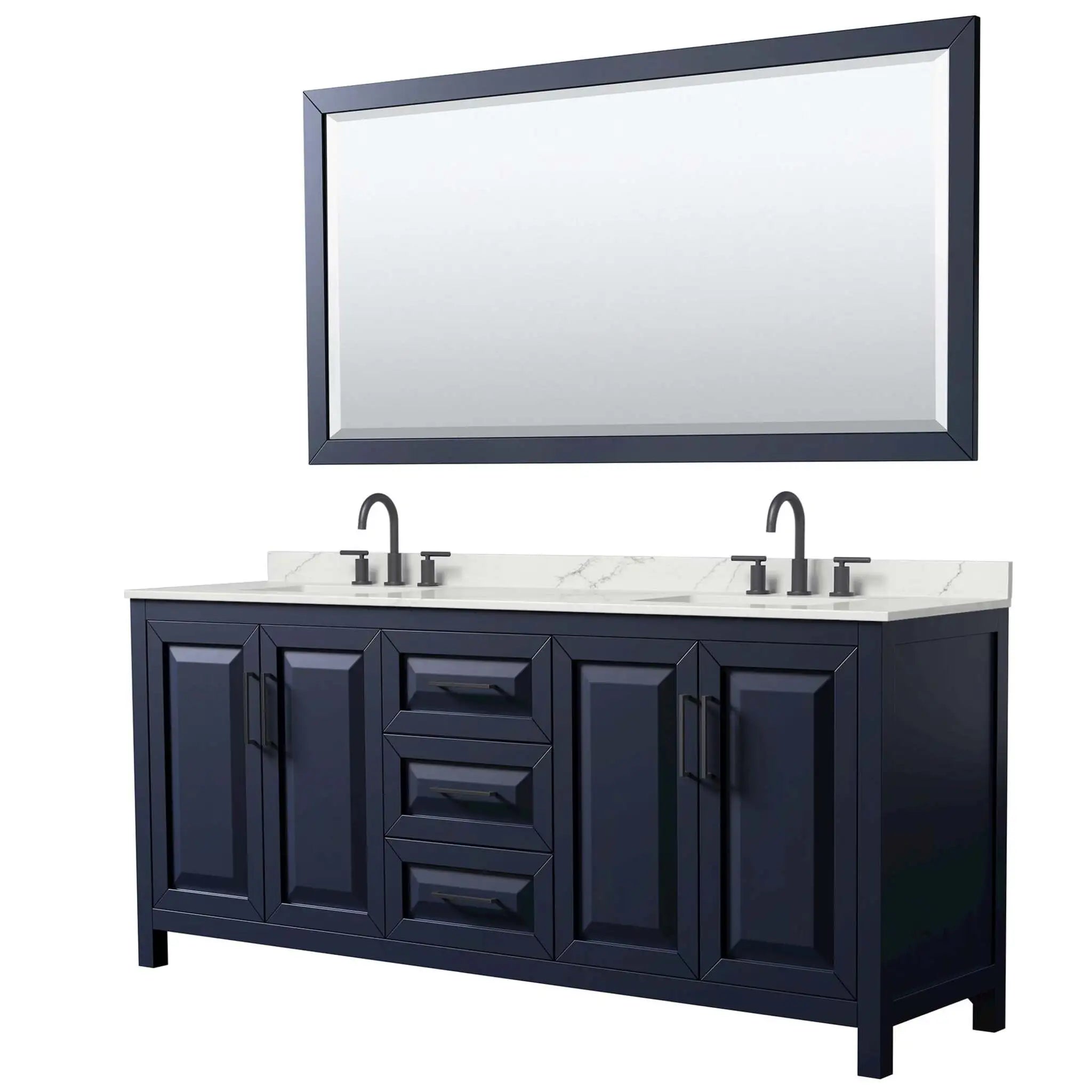 80" Daria Double Bathroom Vanity in Dark Blue with Matte Black Trim & 70" Mirror by Wyndham