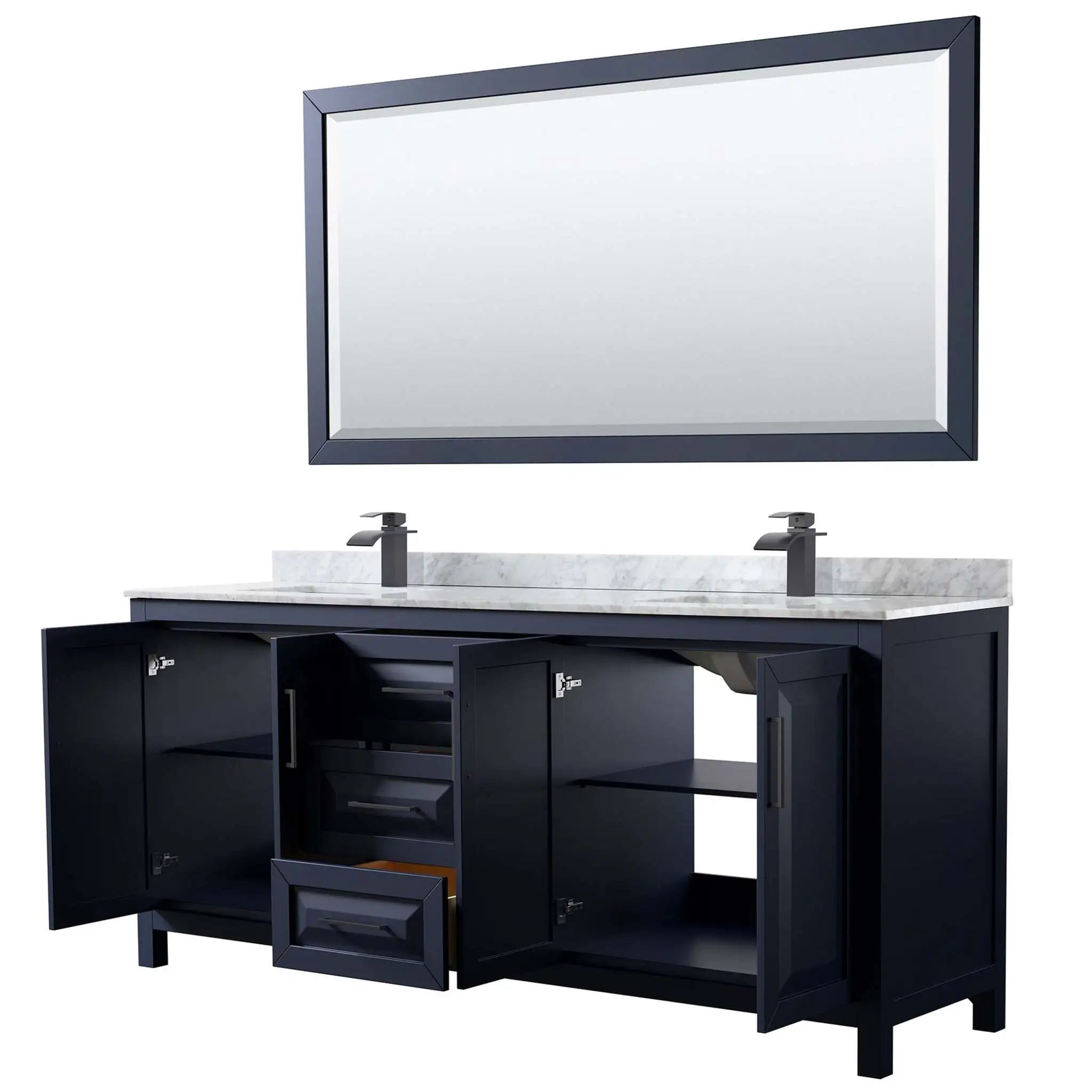 80" Daria Double Bathroom Vanity in Dark Blue with Matte Black Trim & 70" Mirror by Wyndham