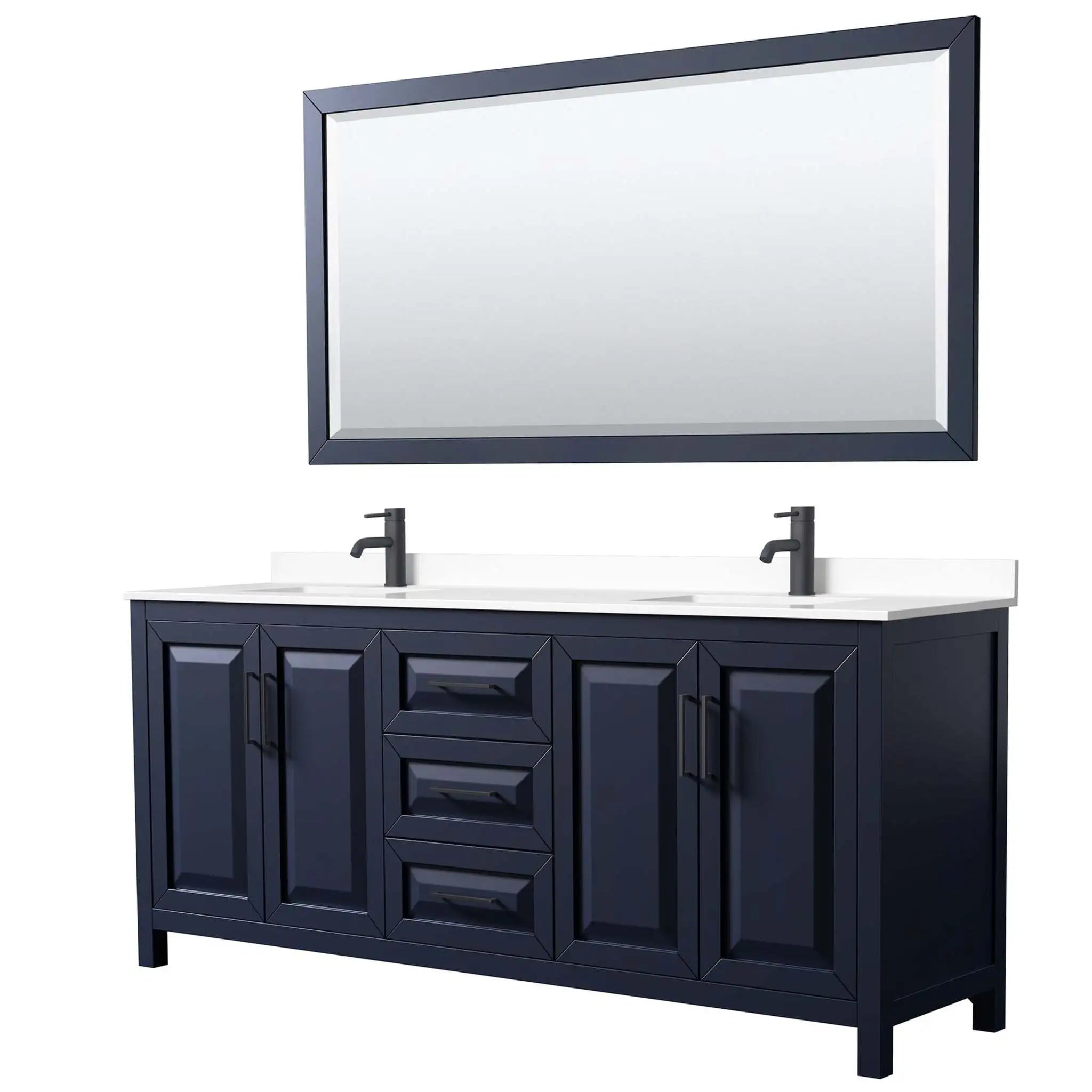 80" Daria Double Bathroom Vanity in Dark Blue with Matte Black Trim & 70" Mirror by Wyndham