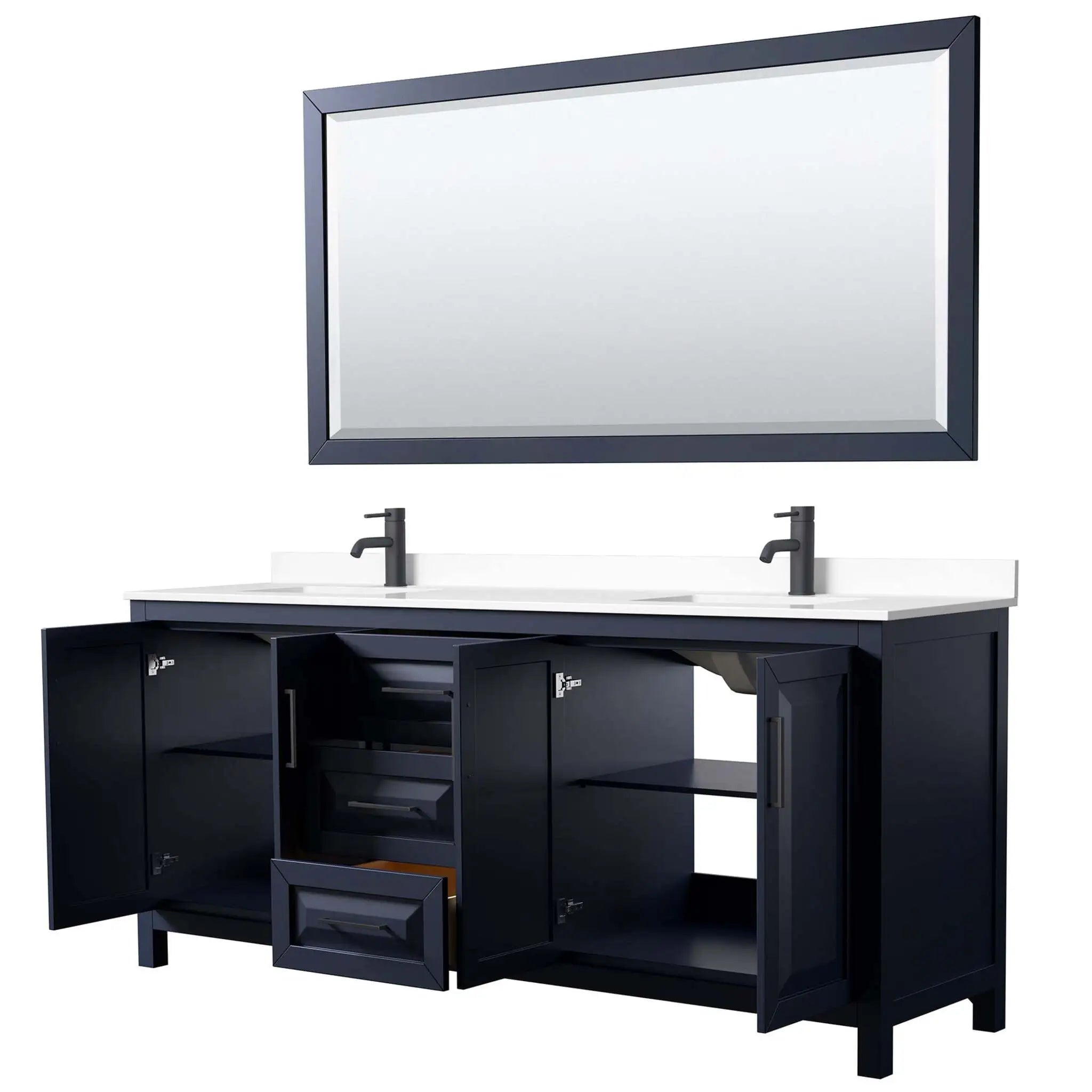 80" Daria Double Bathroom Vanity in Dark Blue with Matte Black Trim & 70" Mirror by Wyndham