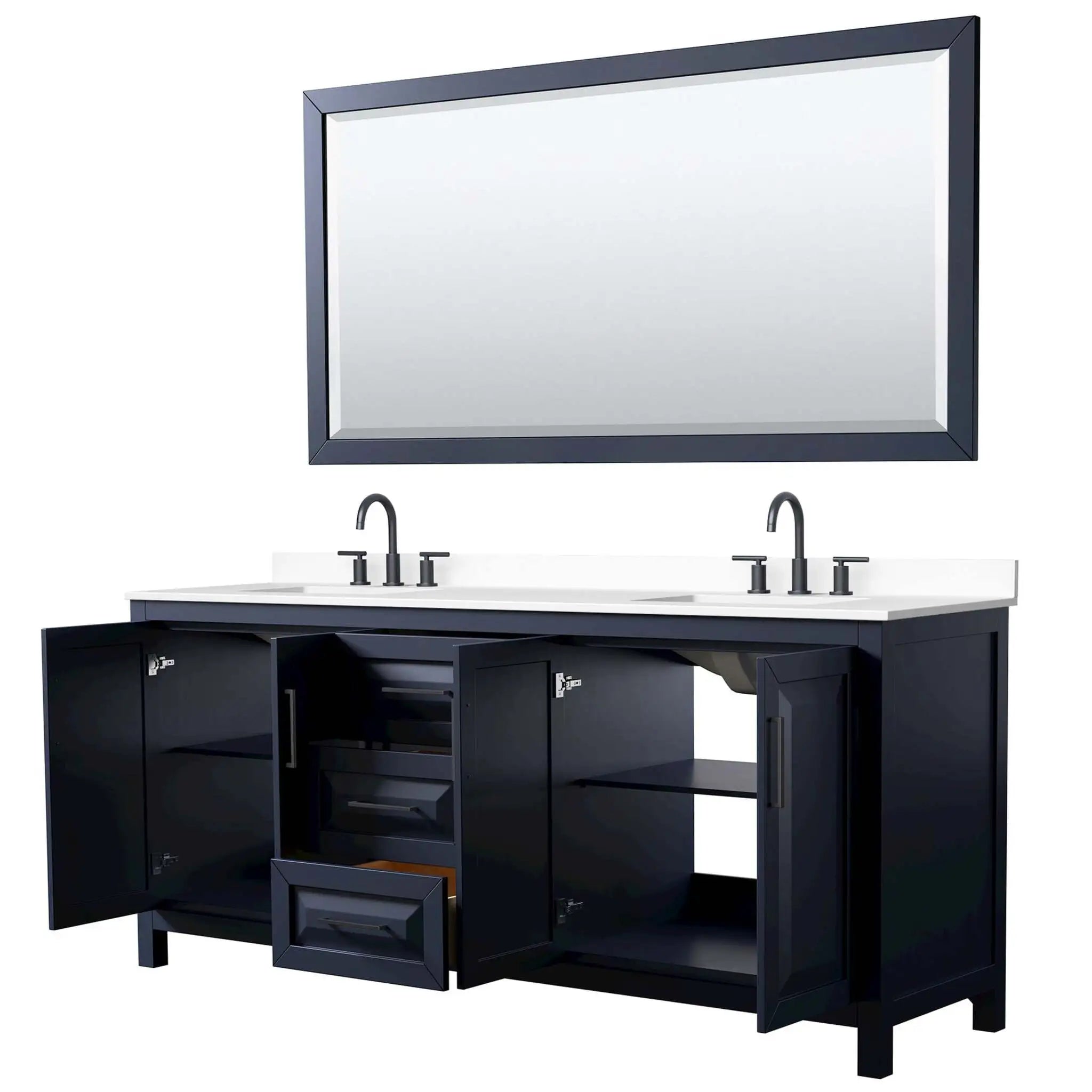80" Daria Double Bathroom Vanity in Dark Blue with Matte Black Trim & 70" Mirror by Wyndham
