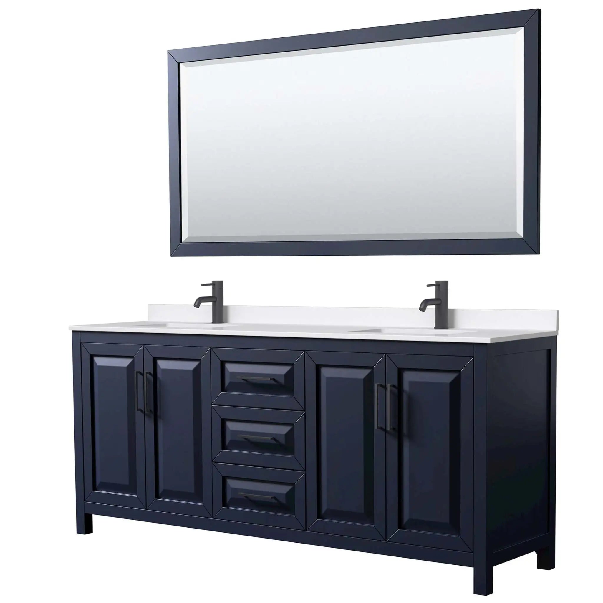 80" Daria Double Bathroom Vanity in Dark Blue with Matte Black Trim & 70" Mirror by Wyndham