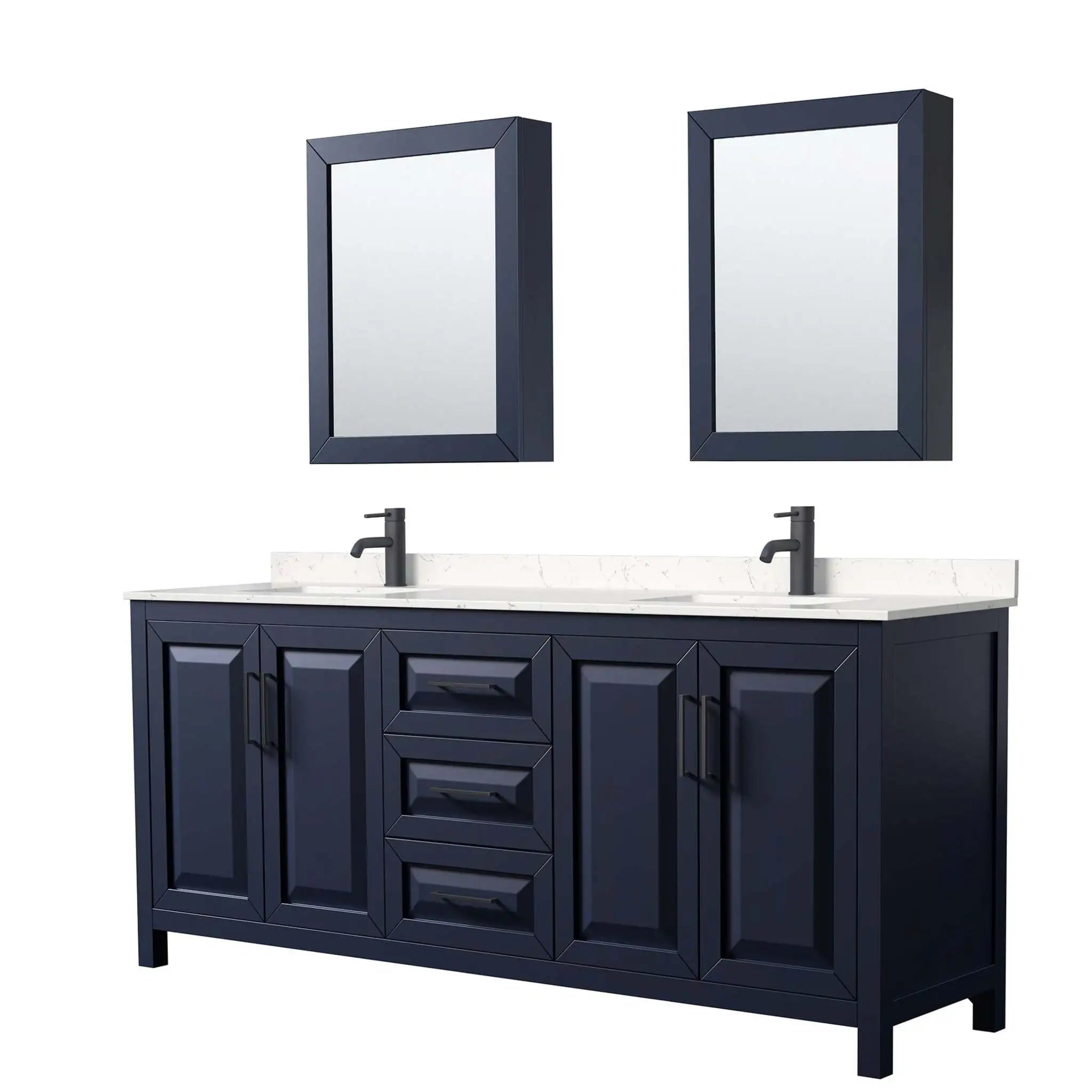 80" Daria Double Bathroom Vanity in Dark Blue with Matte Black Trim & Medicine Cabinet by Wyndham