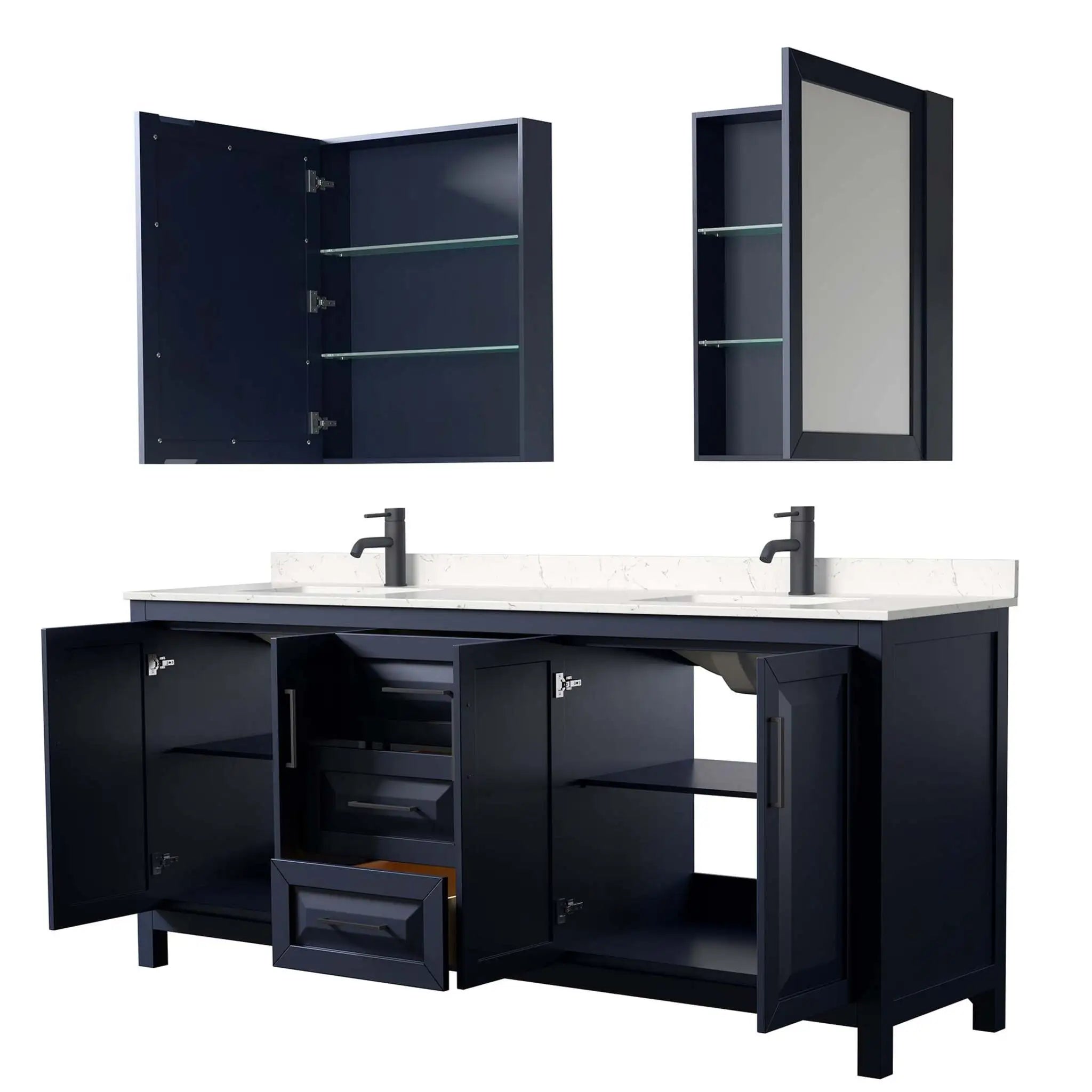 80" Daria Double Bathroom Vanity in Dark Blue with Matte Black Trim & Medicine Cabinet by Wyndham