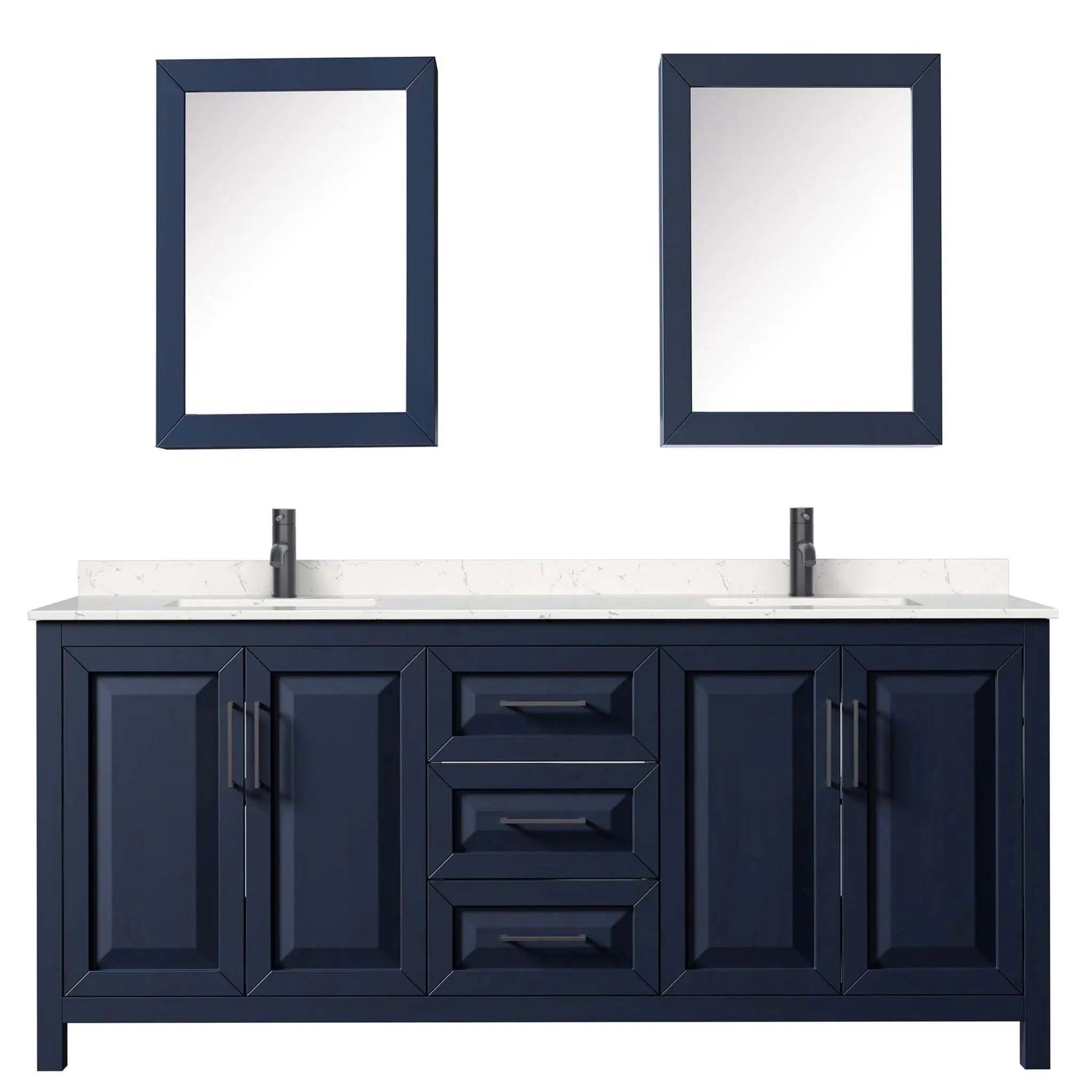 80" Daria Double Bathroom Vanity in Dark Blue with Matte Black Trim & Medicine Cabinet by Wyndham