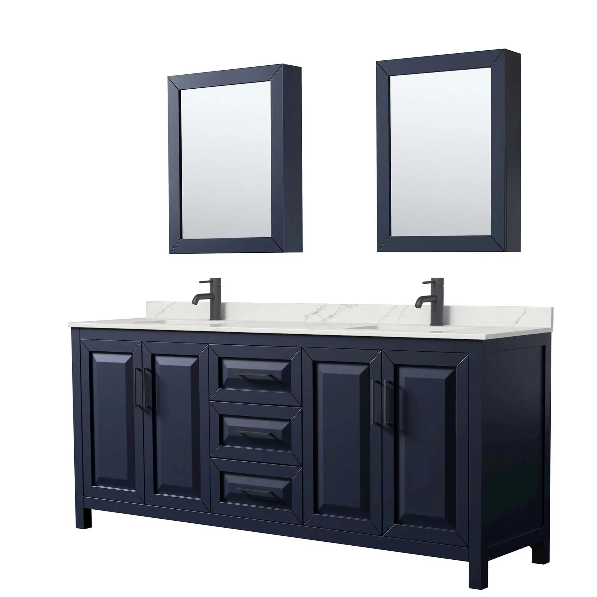 80" Daria Double Bathroom Vanity in Dark Blue with Matte Black Trim & Medicine Cabinet by Wyndham
