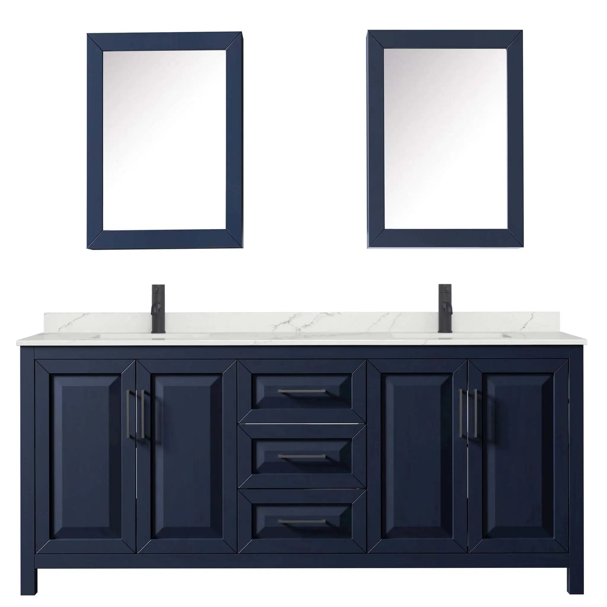 80" Daria Double Bathroom Vanity in Dark Blue with Matte Black Trim & Medicine Cabinet by Wyndham