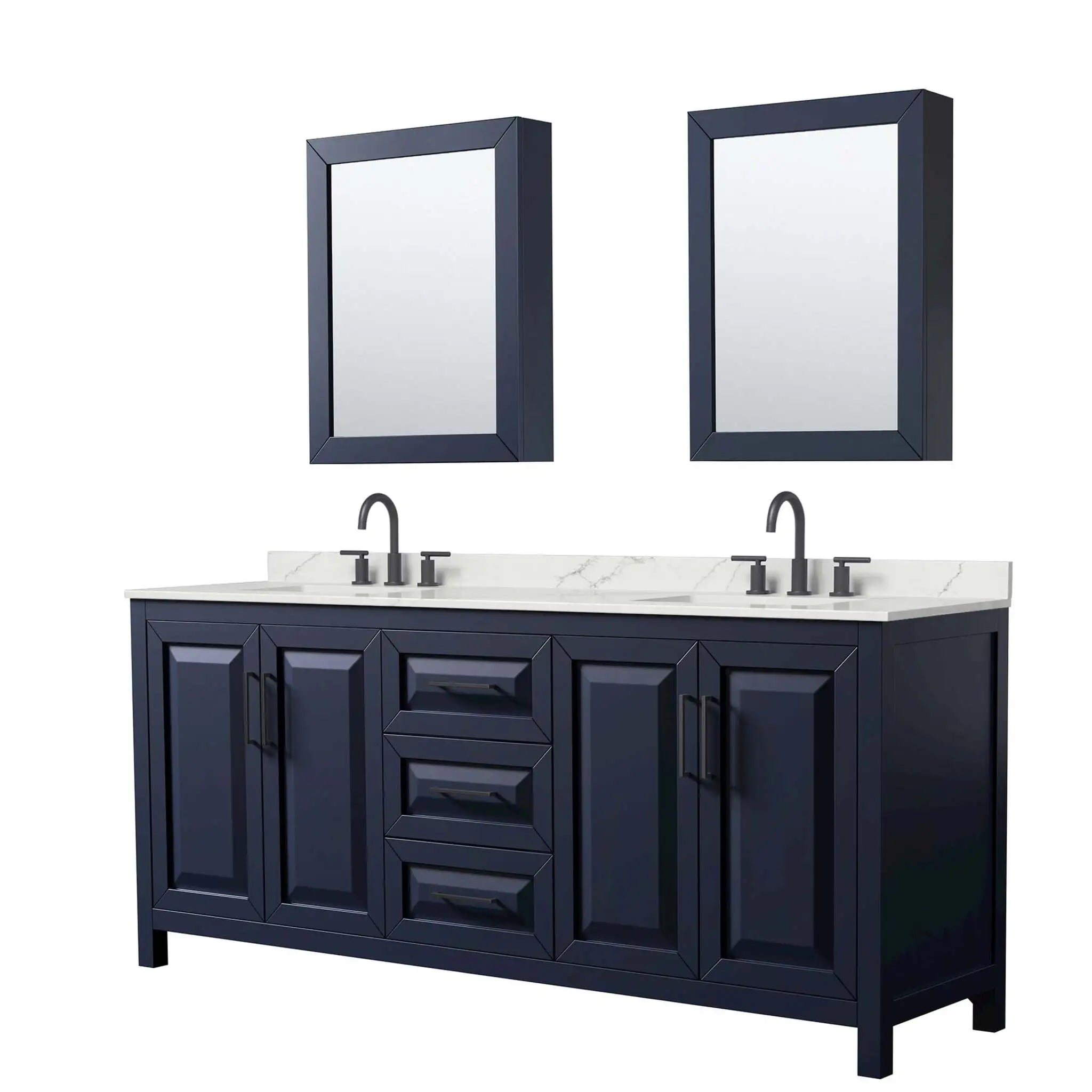 80" Daria Double Bathroom Vanity in Dark Blue with Matte Black Trim & Medicine Cabinet by Wyndham