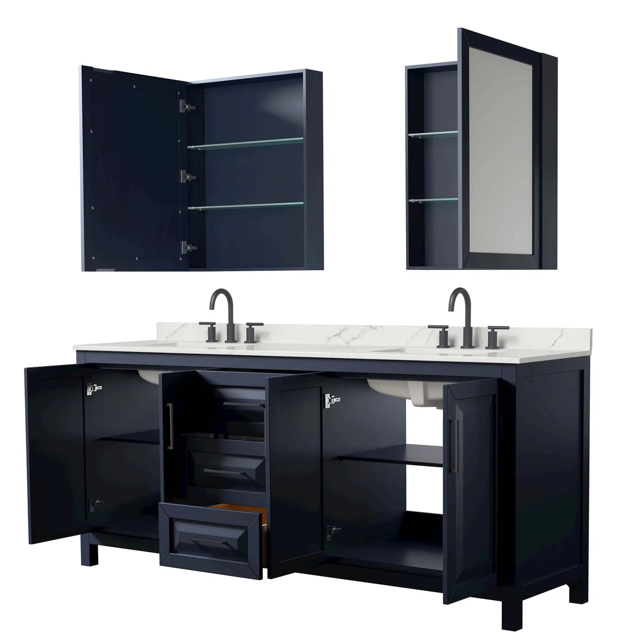 80" Daria Double Bathroom Vanity in Dark Blue with Matte Black Trim & Medicine Cabinet by Wyndham