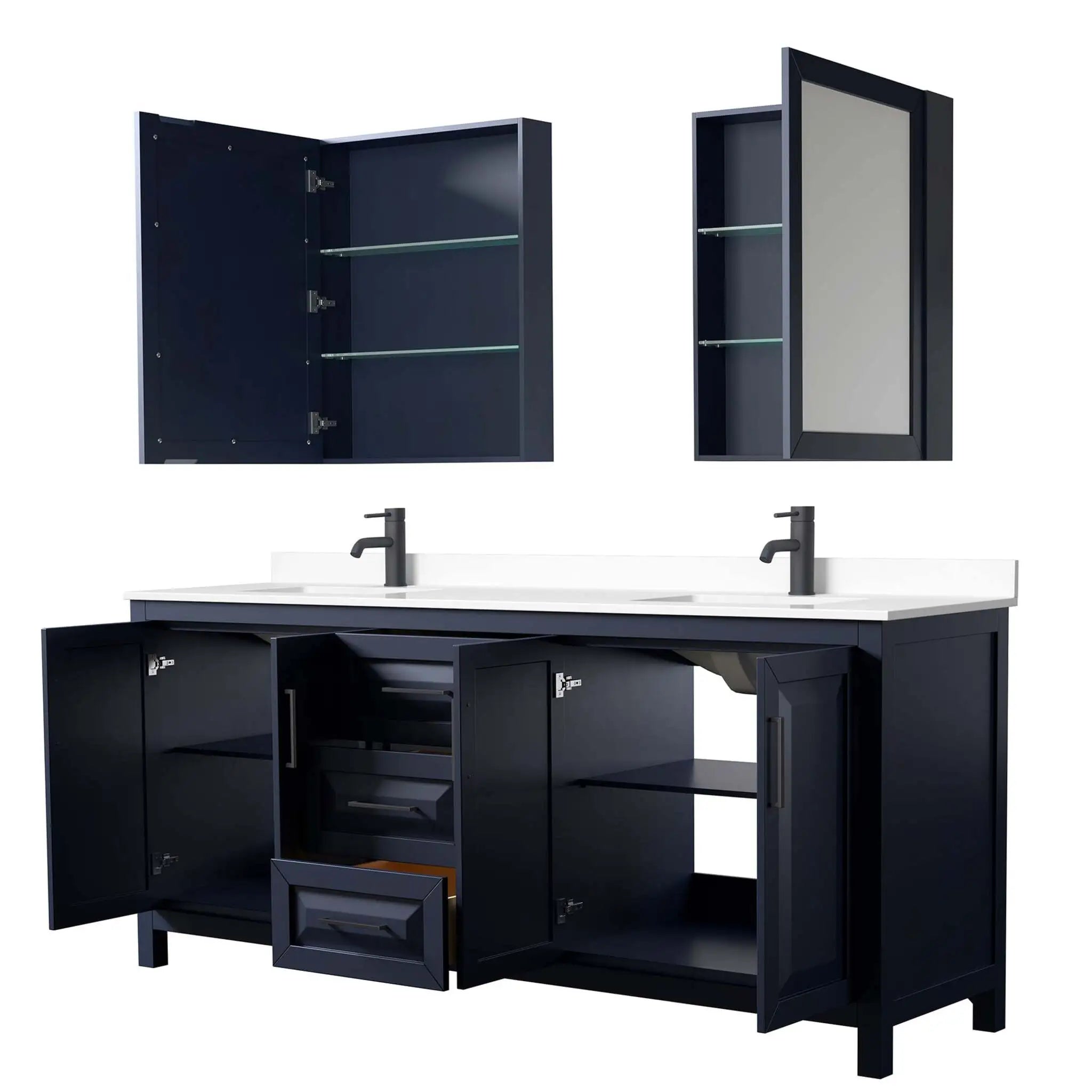 80" Daria Double Bathroom Vanity in Dark Blue with Matte Black Trim & Medicine Cabinet by Wyndham