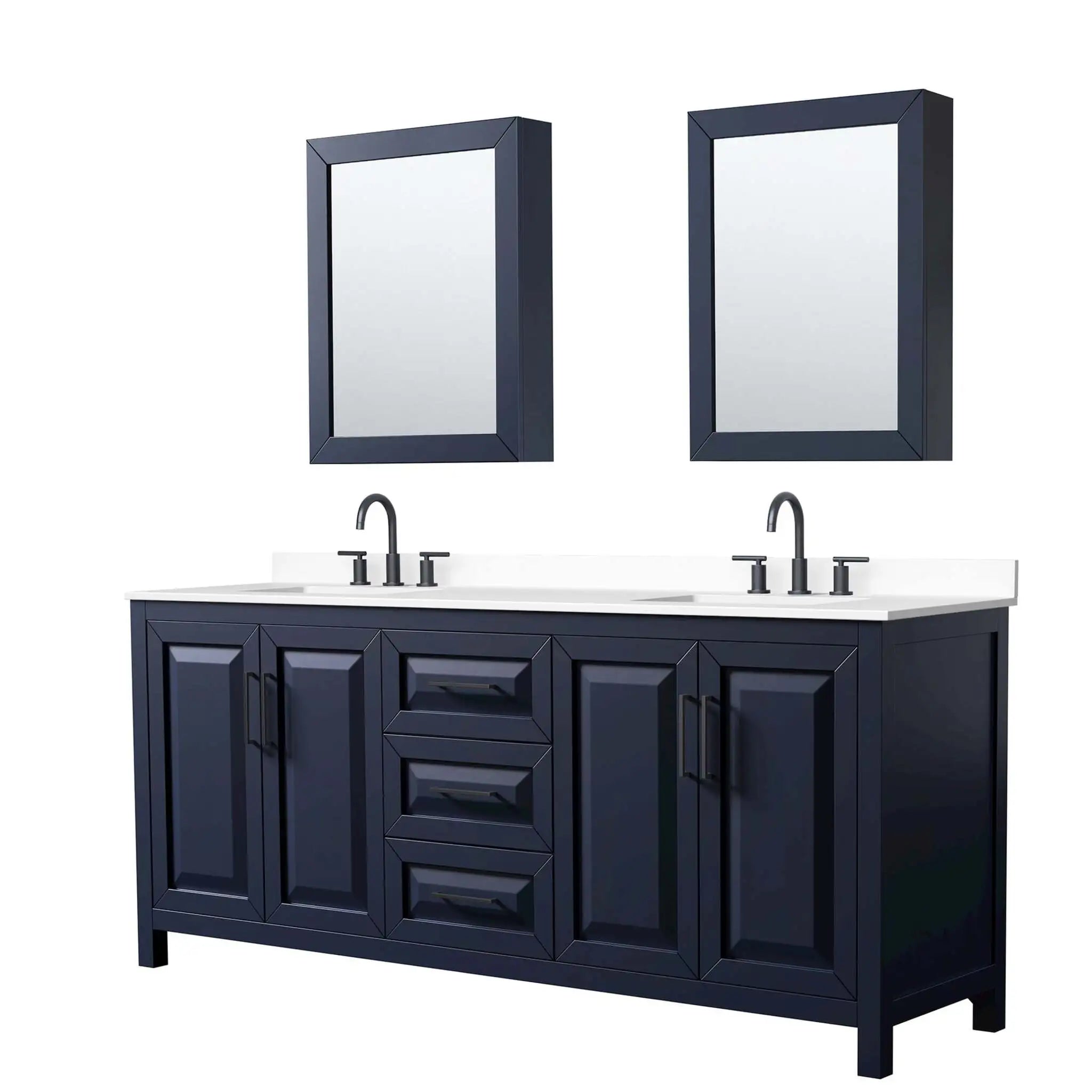 80" Daria Double Bathroom Vanity in Dark Blue with Matte Black Trim & Medicine Cabinet by Wyndham
