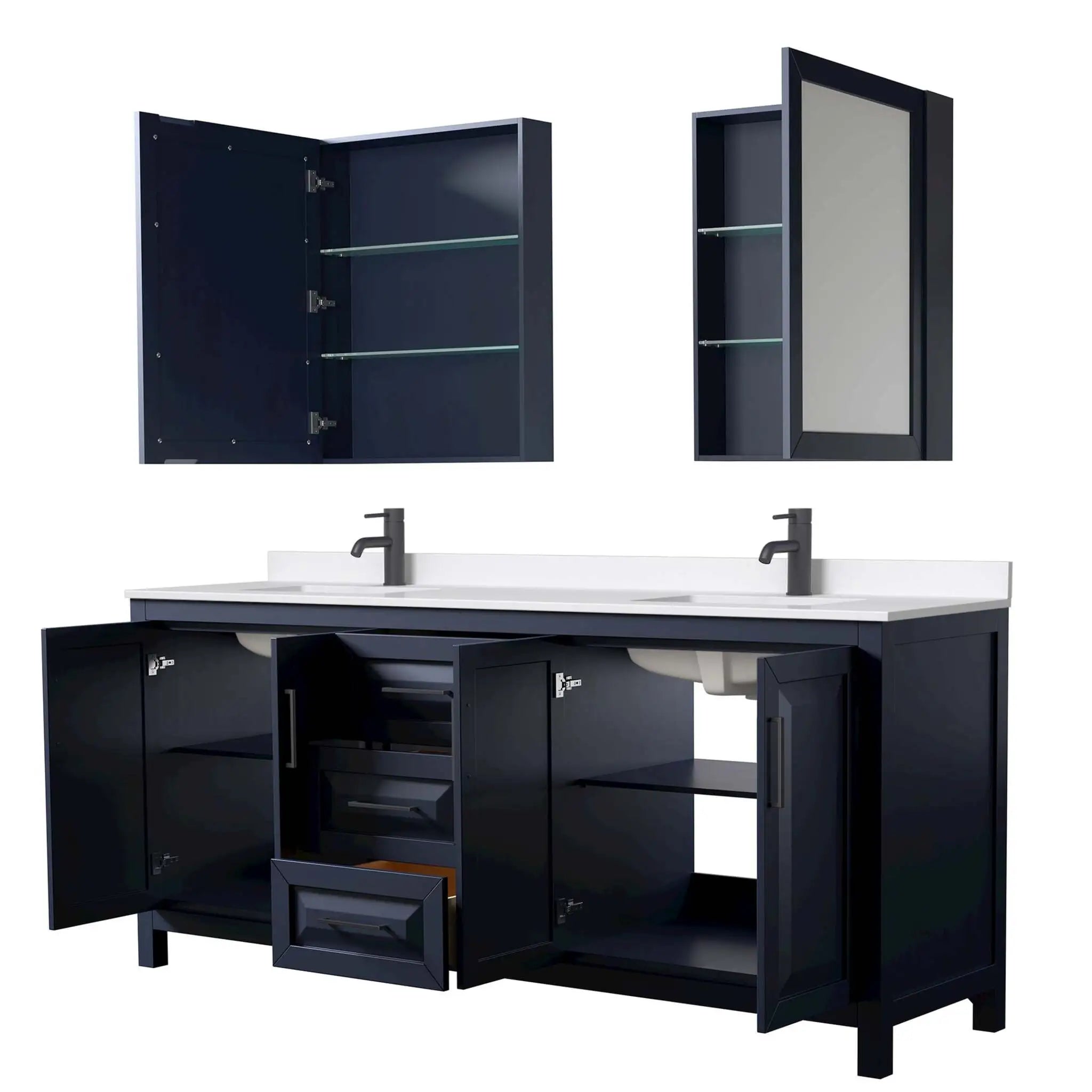 80" Daria Double Bathroom Vanity in Dark Blue with Matte Black Trim & Medicine Cabinet by Wyndham