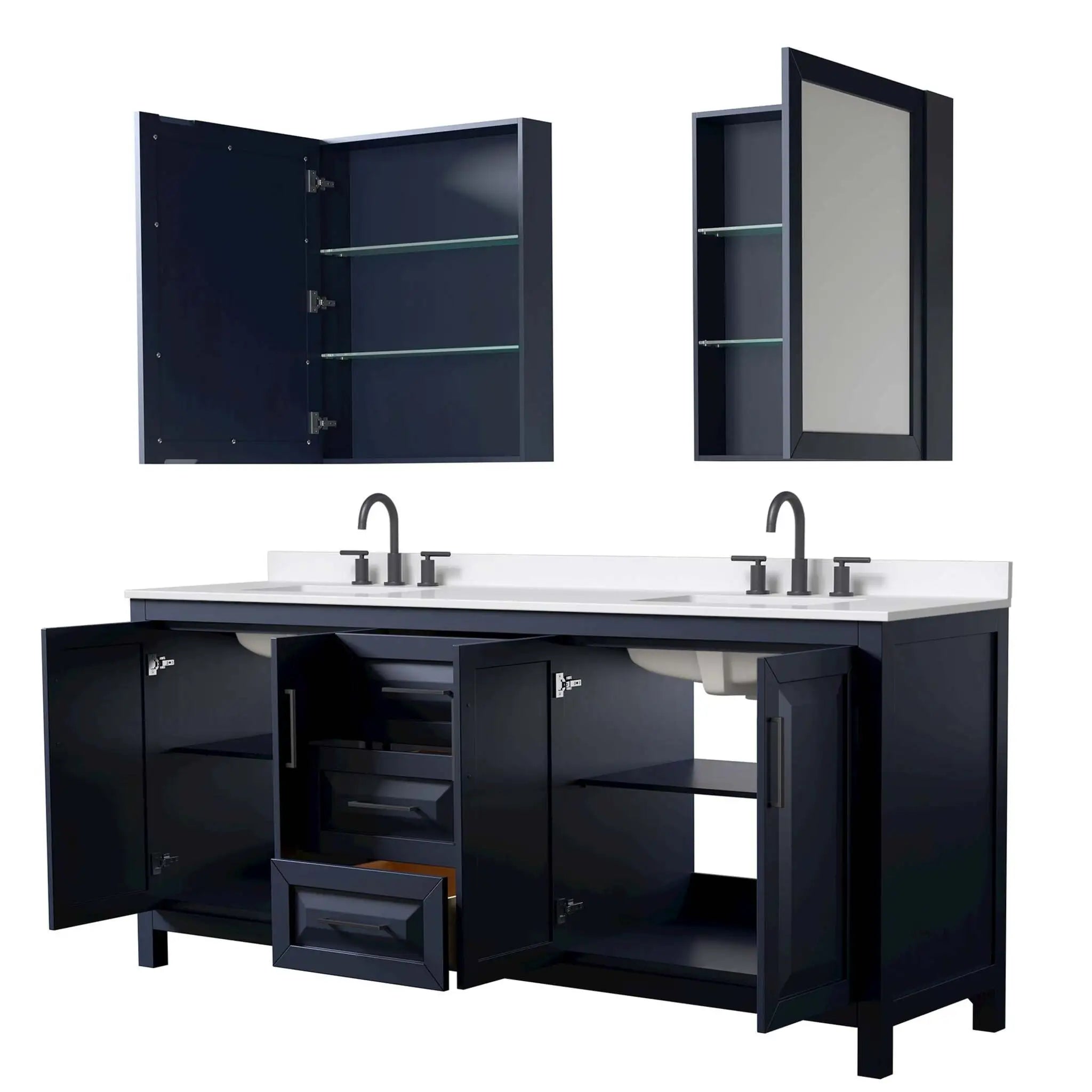 80" Daria Double Bathroom Vanity in Dark Blue with Matte Black Trim & Medicine Cabinet by Wyndham