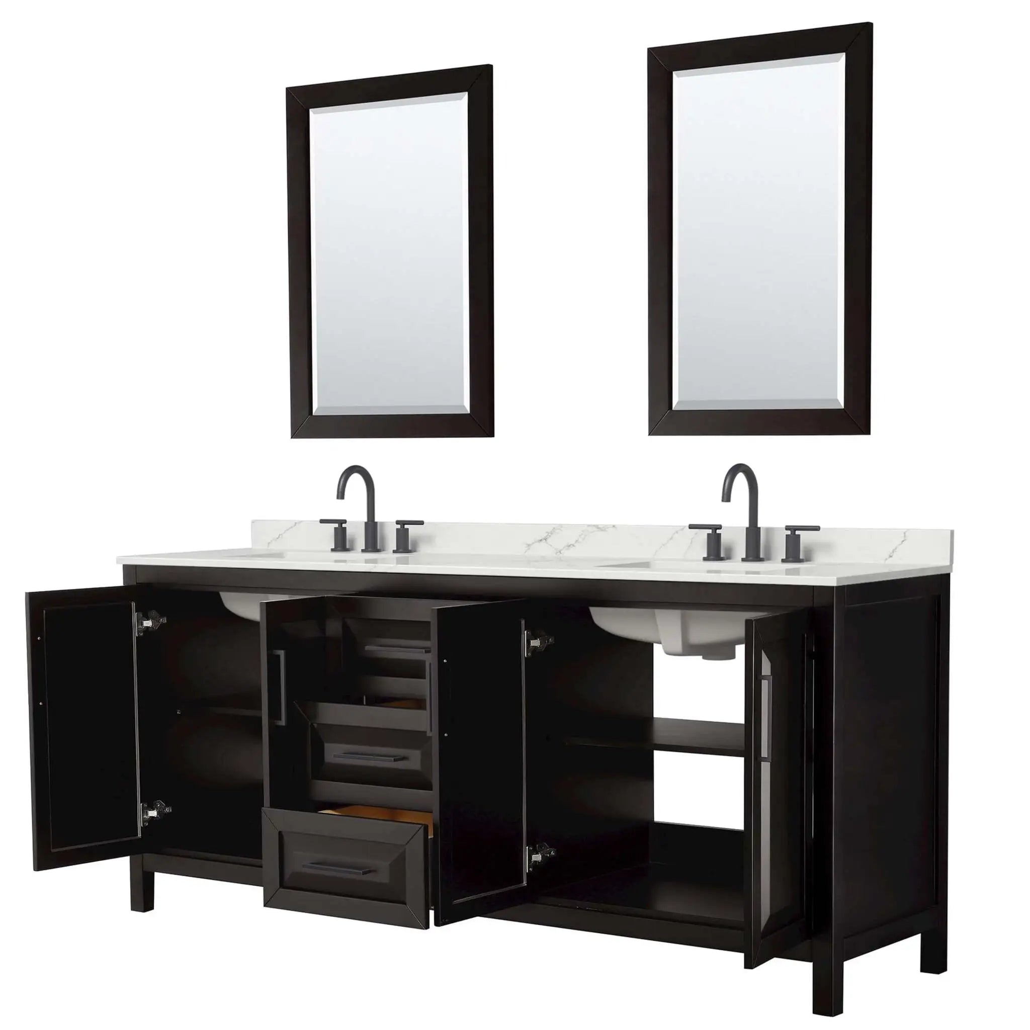 80" Daria Double Bathroom Vanity in Dark Espresso with Matte Black Trim & 24" Mirror by Wyndham