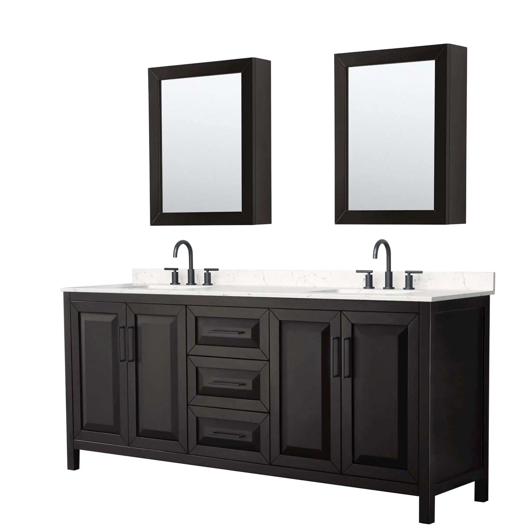 80" Daria Double Bathroom Vanity in Dark Espresso with Matte Black Trim & Medicine Cabinet by Wyndham