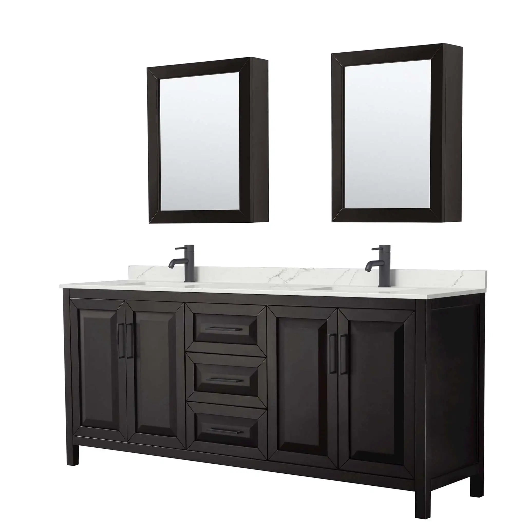 80" Daria Double Bathroom Vanity in Dark Espresso with Matte Black Trim & Medicine Cabinet by Wyndham