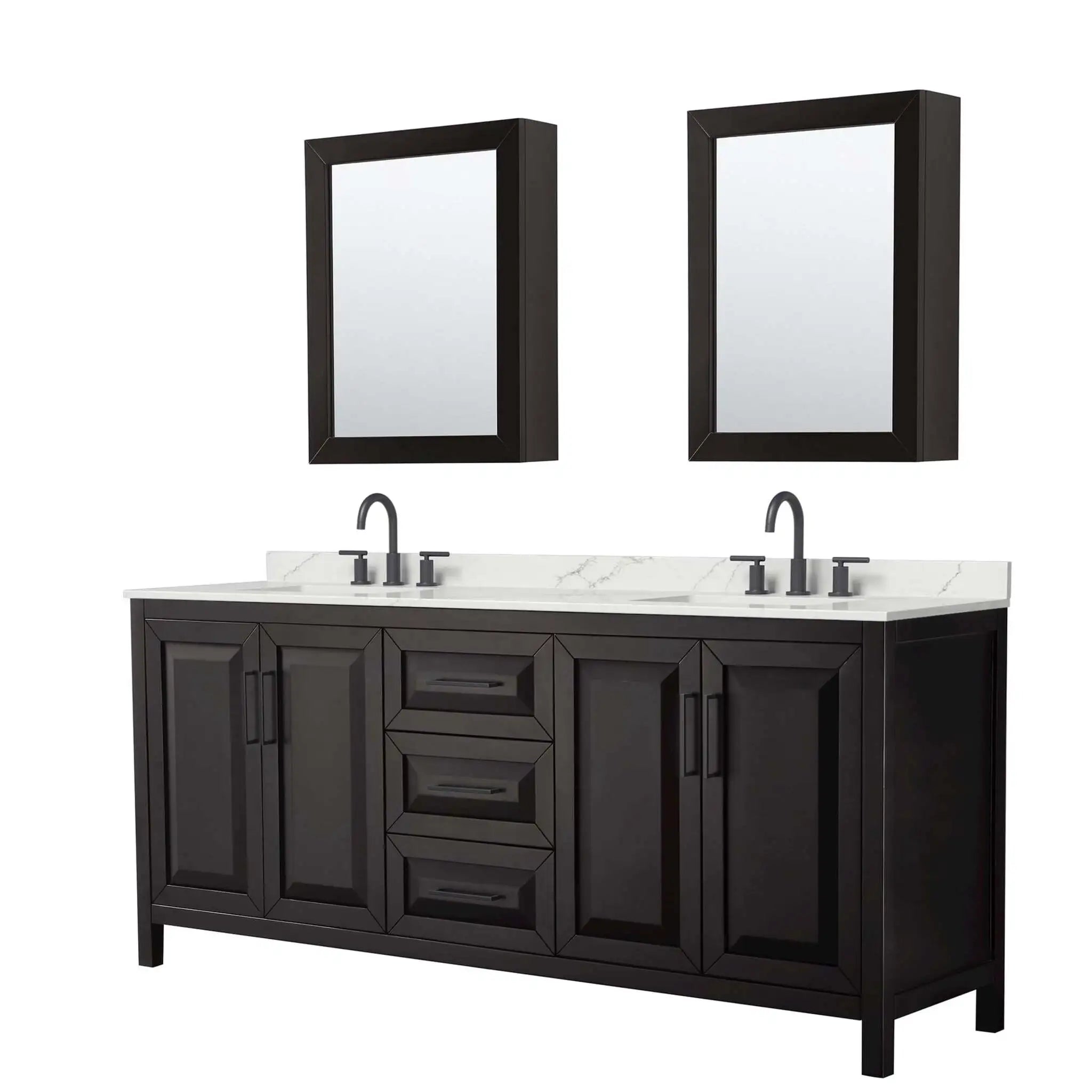 80" Daria Double Bathroom Vanity in Dark Espresso with Matte Black Trim & Medicine Cabinet by Wyndham