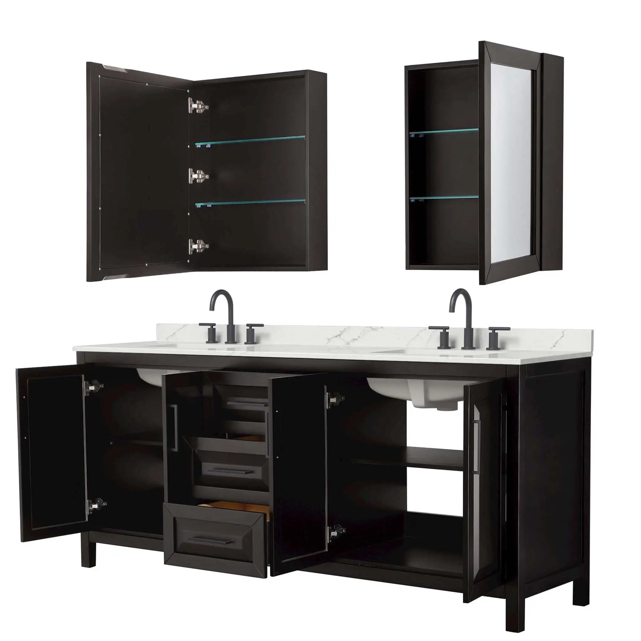80" Daria Double Bathroom Vanity in Dark Espresso with Matte Black Trim & Medicine Cabinet by Wyndham