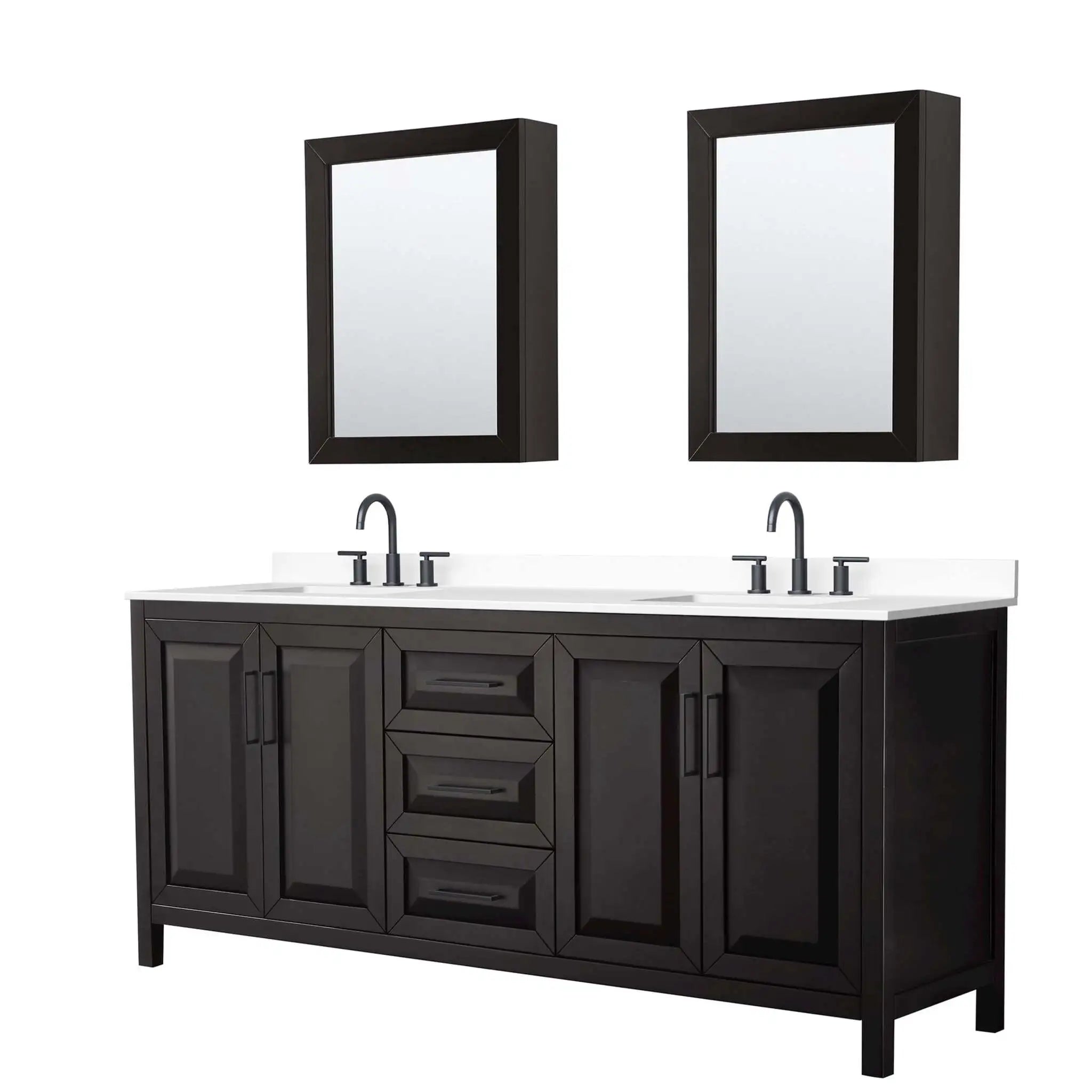 80" Daria Double Bathroom Vanity in Dark Espresso with Matte Black Trim & Medicine Cabinet by Wyndham